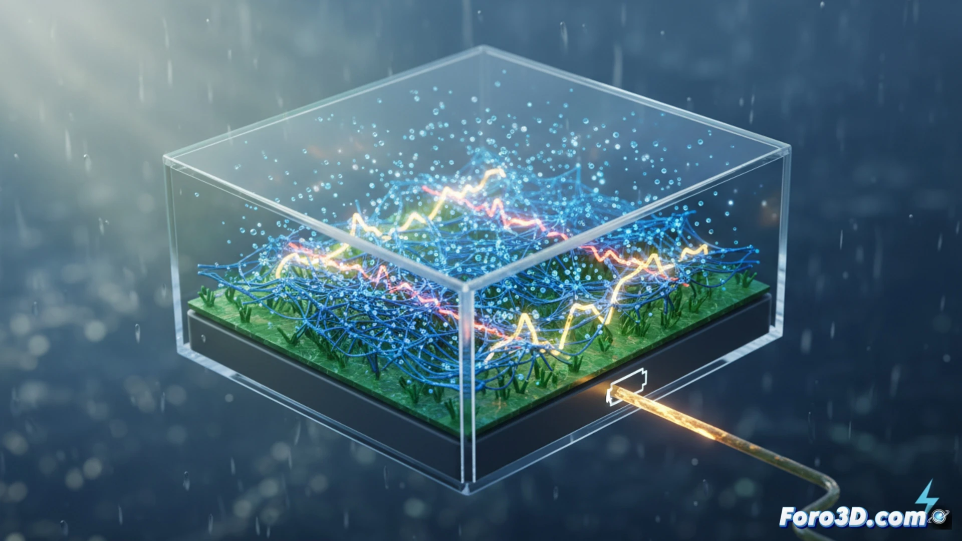 Dispositivo Air-gen con nanocables de proteínas generando electricidad a partir de la humedad del aire.