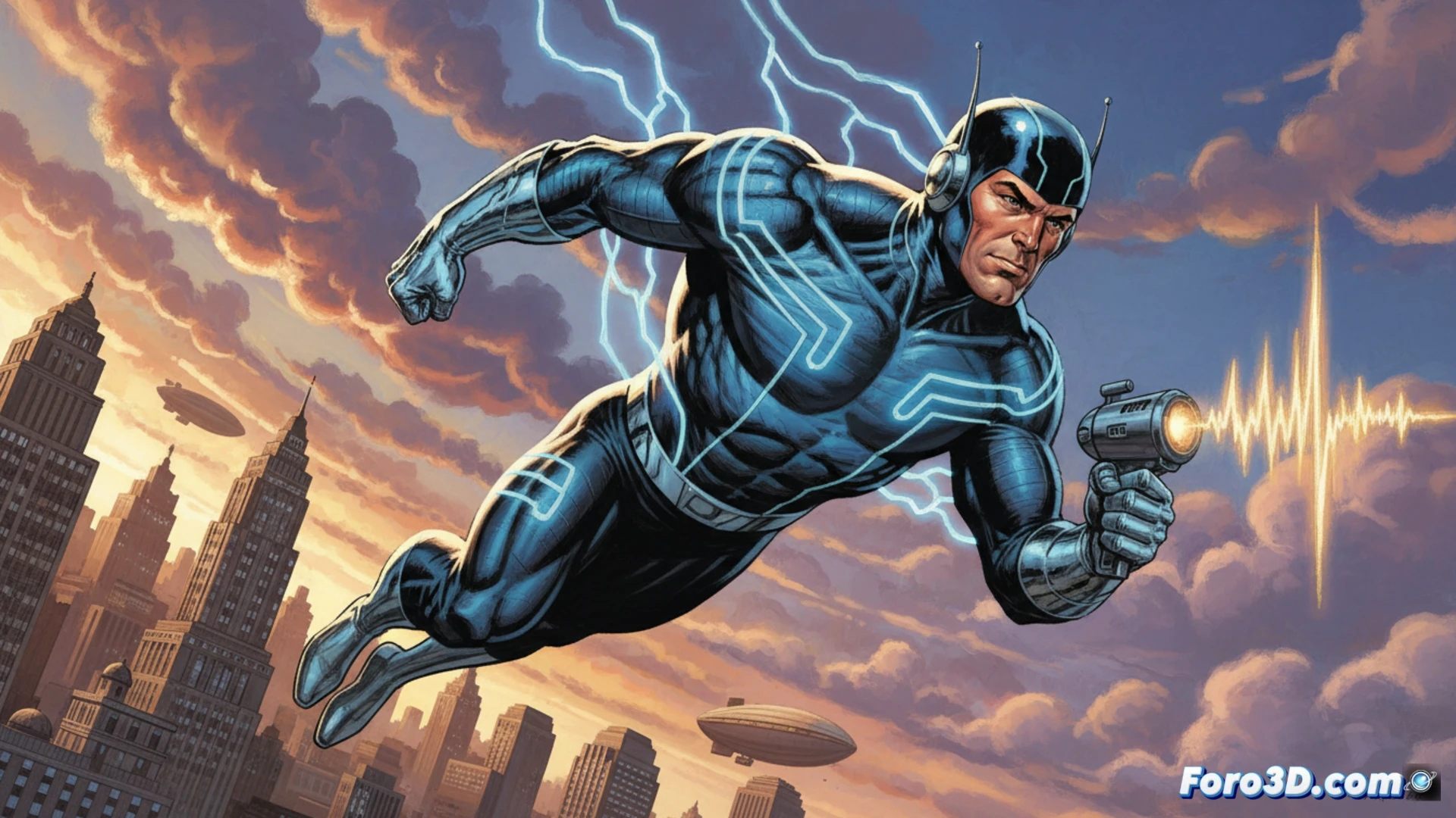 Un héroe con casco de antena y traje azul, usando una radio experimental para combatir el crimen en la ciudad.