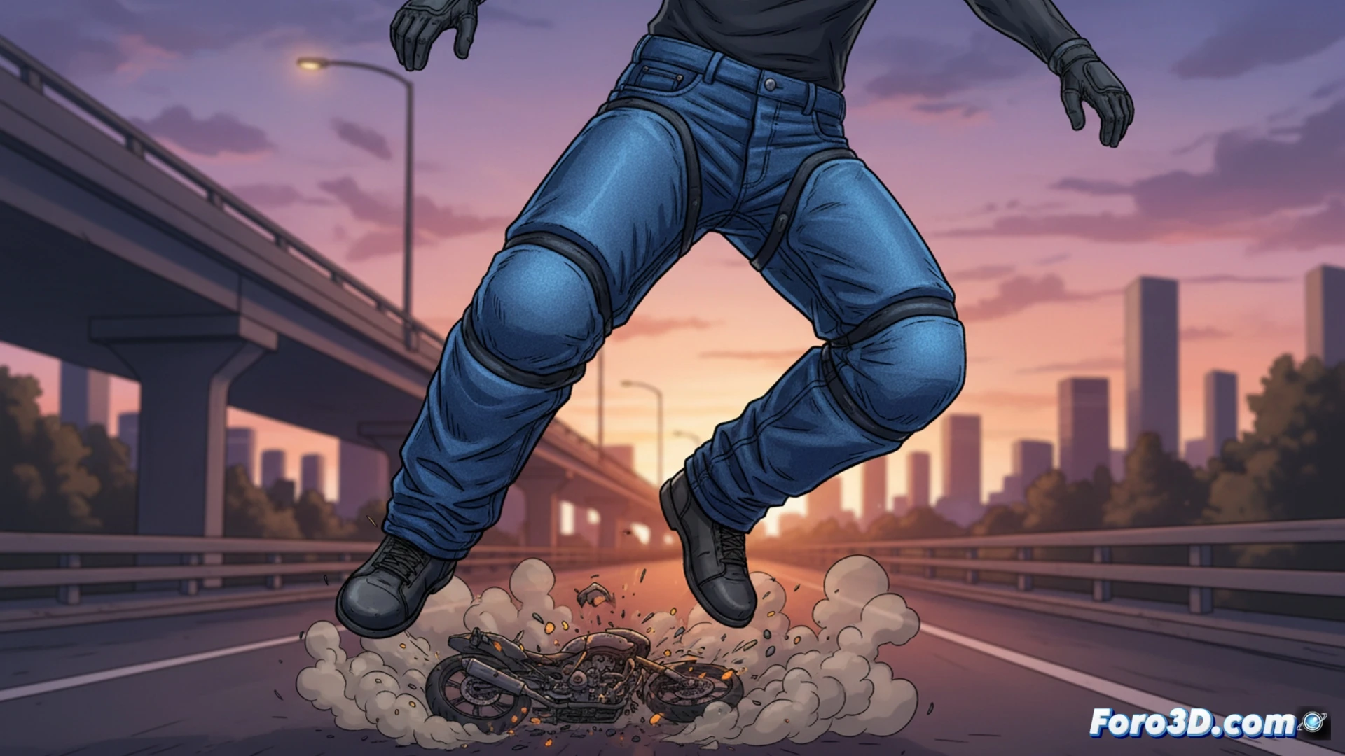 Diseño 3D de un airbag integrado en un pantalón vaquero para motociclistas, mostrando su despliegue en una simulación por computadora.