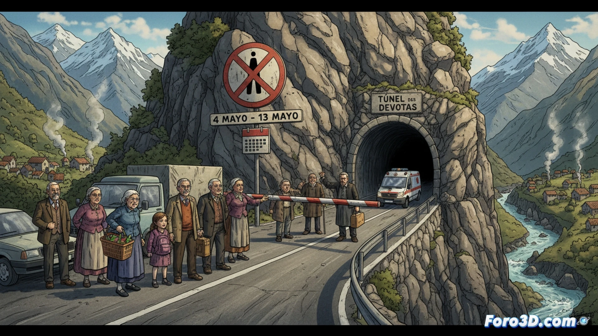 Carretera cortada en Pirineo, con señal de desvío y valles de Bielsa y Chistau al fondo, bajo cielo nublado.