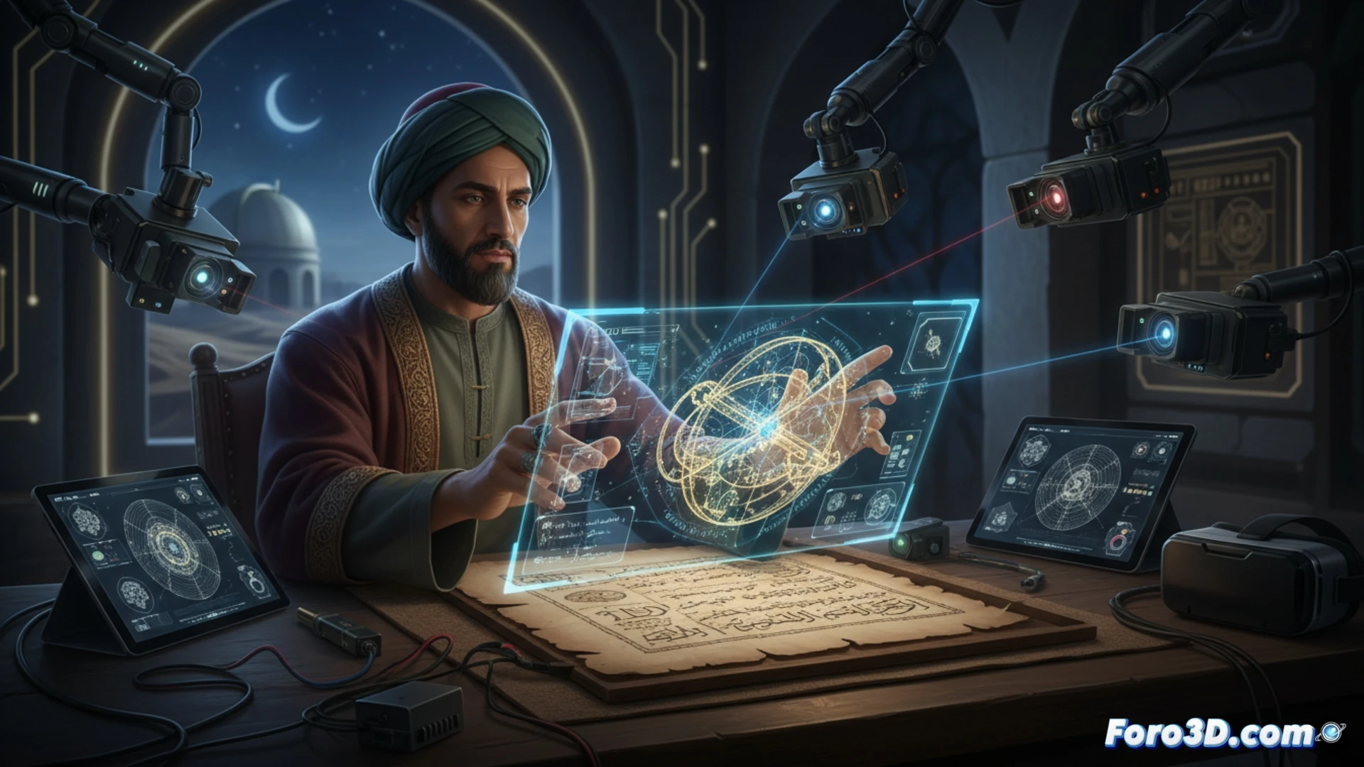 Replica digital 3D de un antiguo manuscrito astronomico abierto, mostrando detallados diagramas celestes y anotaciones matematicas.