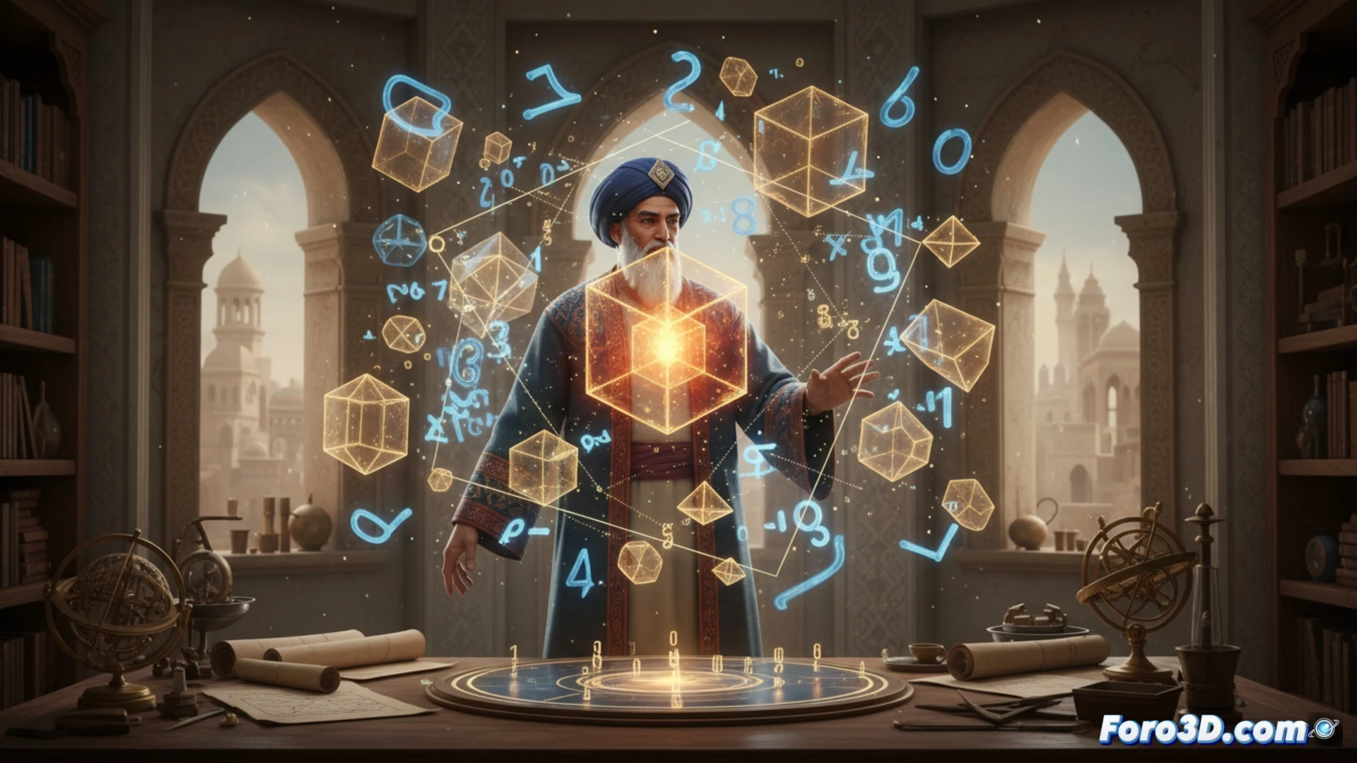 Representacion 3D interactiva de los conceptos geometricos del algebra de Al-Juarismi, mostrando ecuaciones y formas.