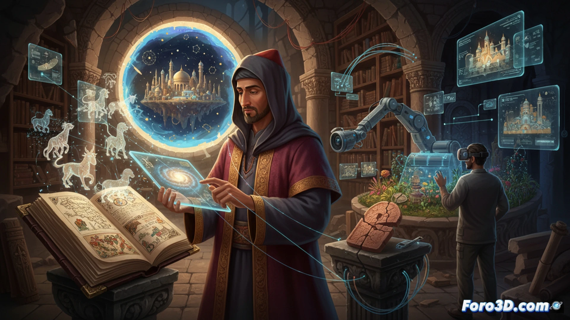 Recreacion digital de una pagina del manuscrito de Al-Qazwini, mostrando criaturas fantasticas y mapas antiguos.