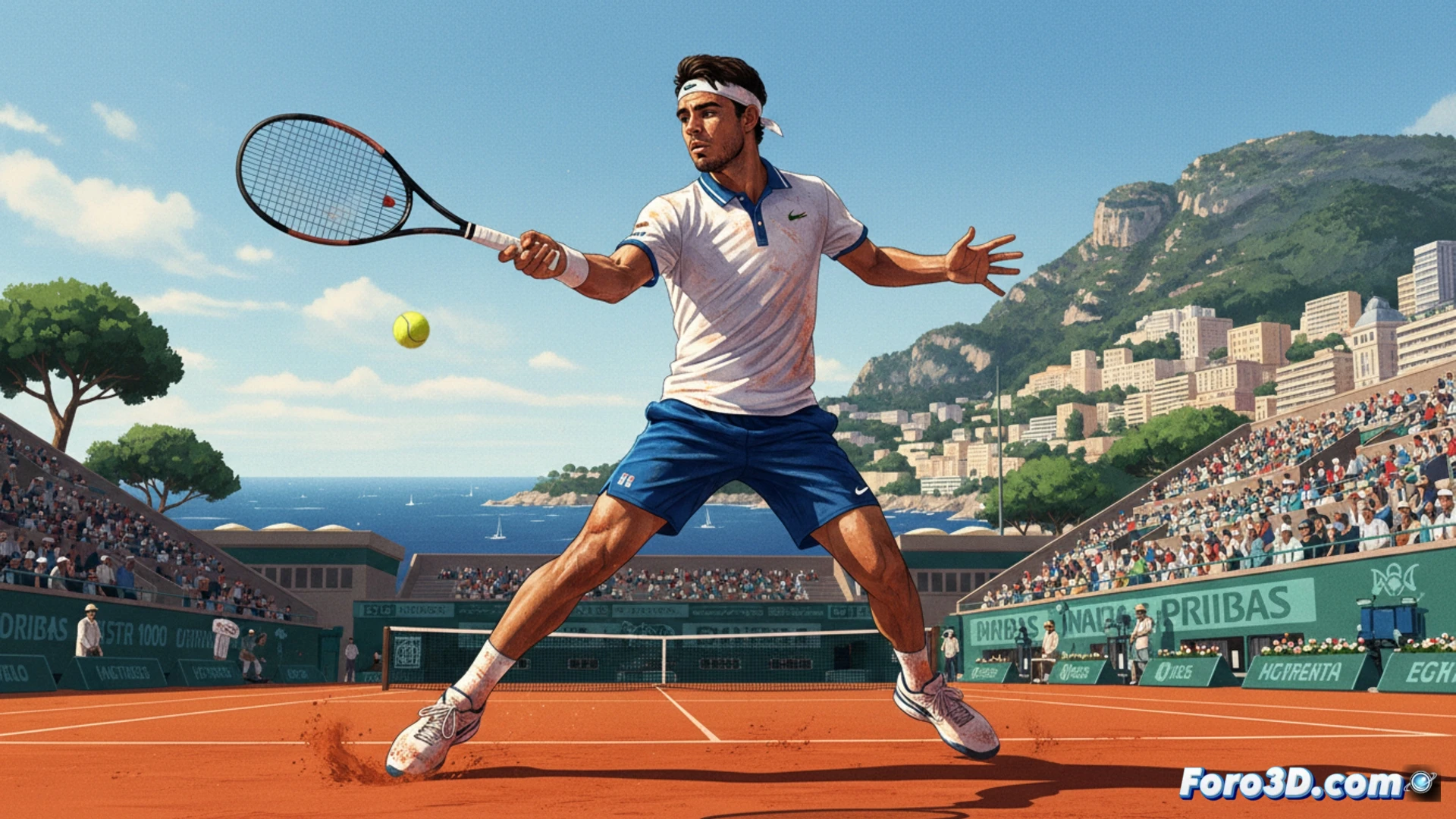 Carlos Alcaraz golpea un revés en la pista de tierra batida de Montecarlo, defendiendo su título y el número uno mundial.