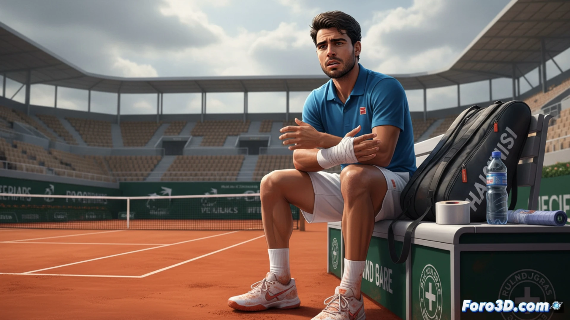 Carlos Alcaraz observa su muñeca lesionada, con expresión de preocupación, priorizando su recuperación para Roland Garros.