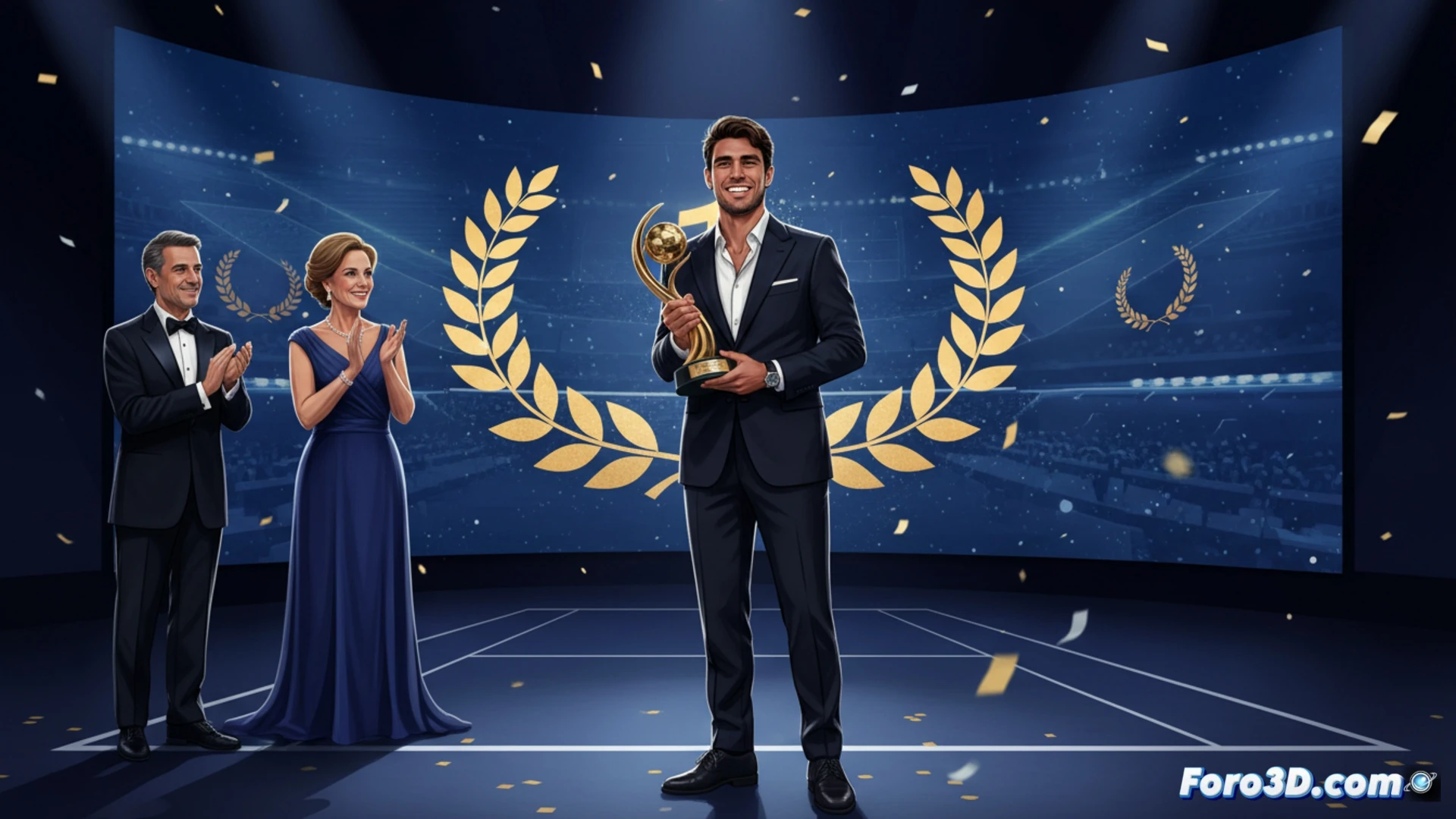 Carlos Alcaraz sostiene el trofeo Laureus 2025, vistiendo un esmoquin, tras ganar el premio al Mejor Deportista Masculino.