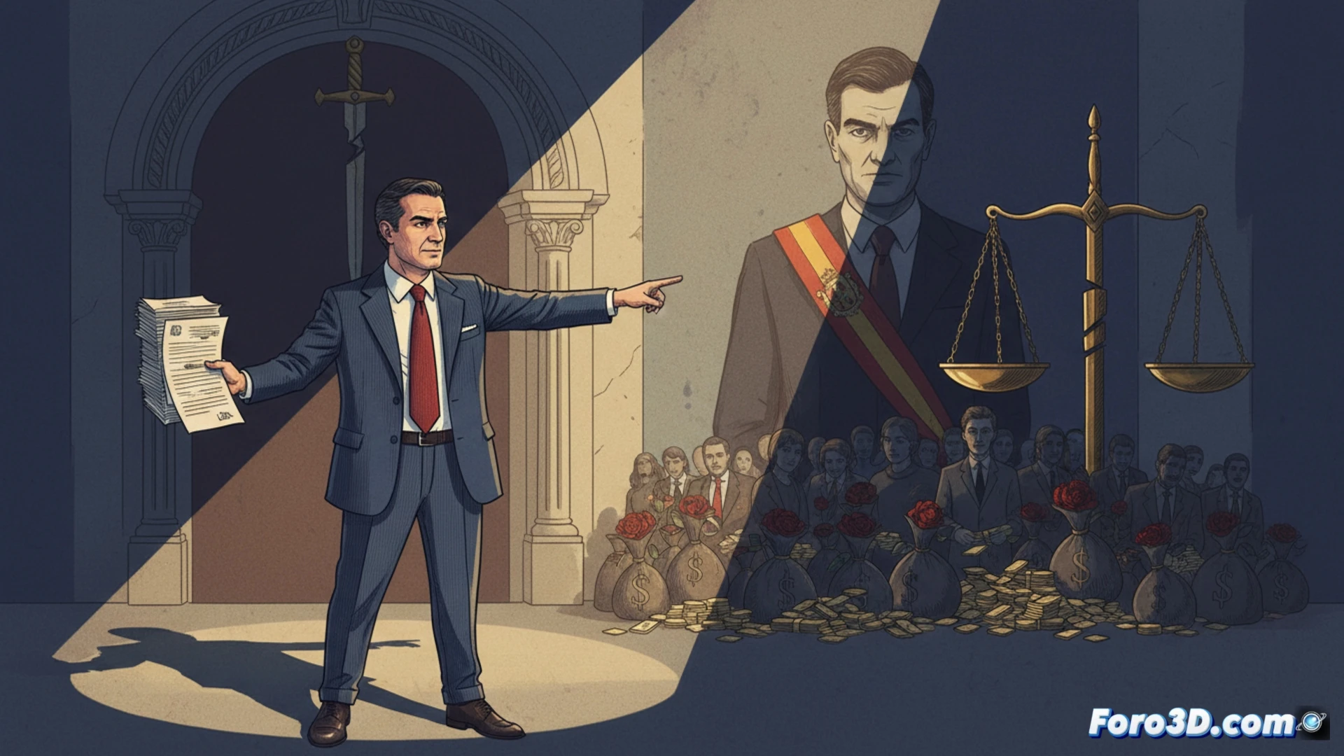 Un juzgado vacío con un atril, un micrófono apagado y un silencio opresivo, mientras una sombra señala un cartel del PSOE.