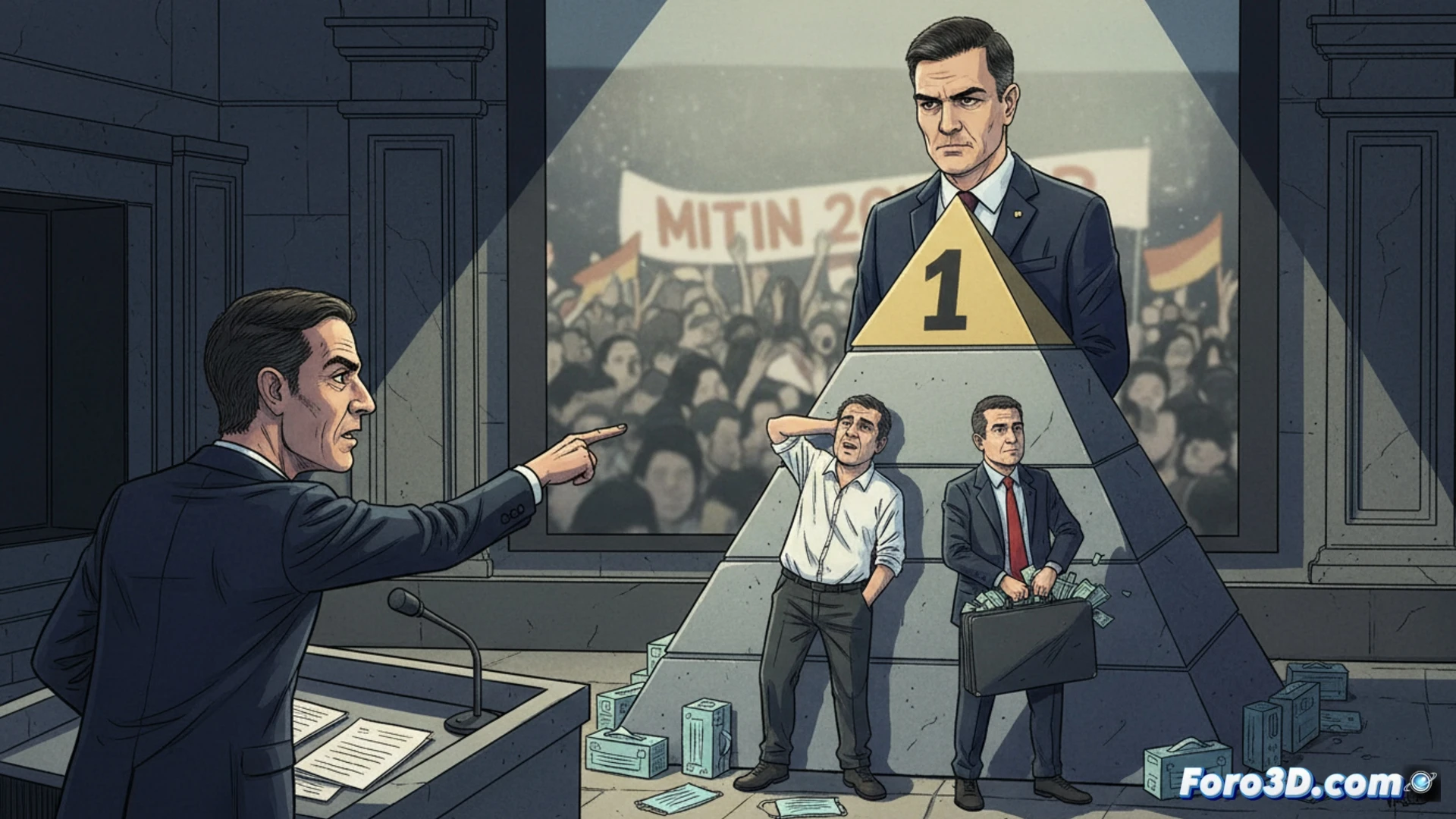 Una sala de tribunal oscura. Un hombre señalando a Pedro Sánchez, quien está en el centro, rodeado de figuras sombrías.