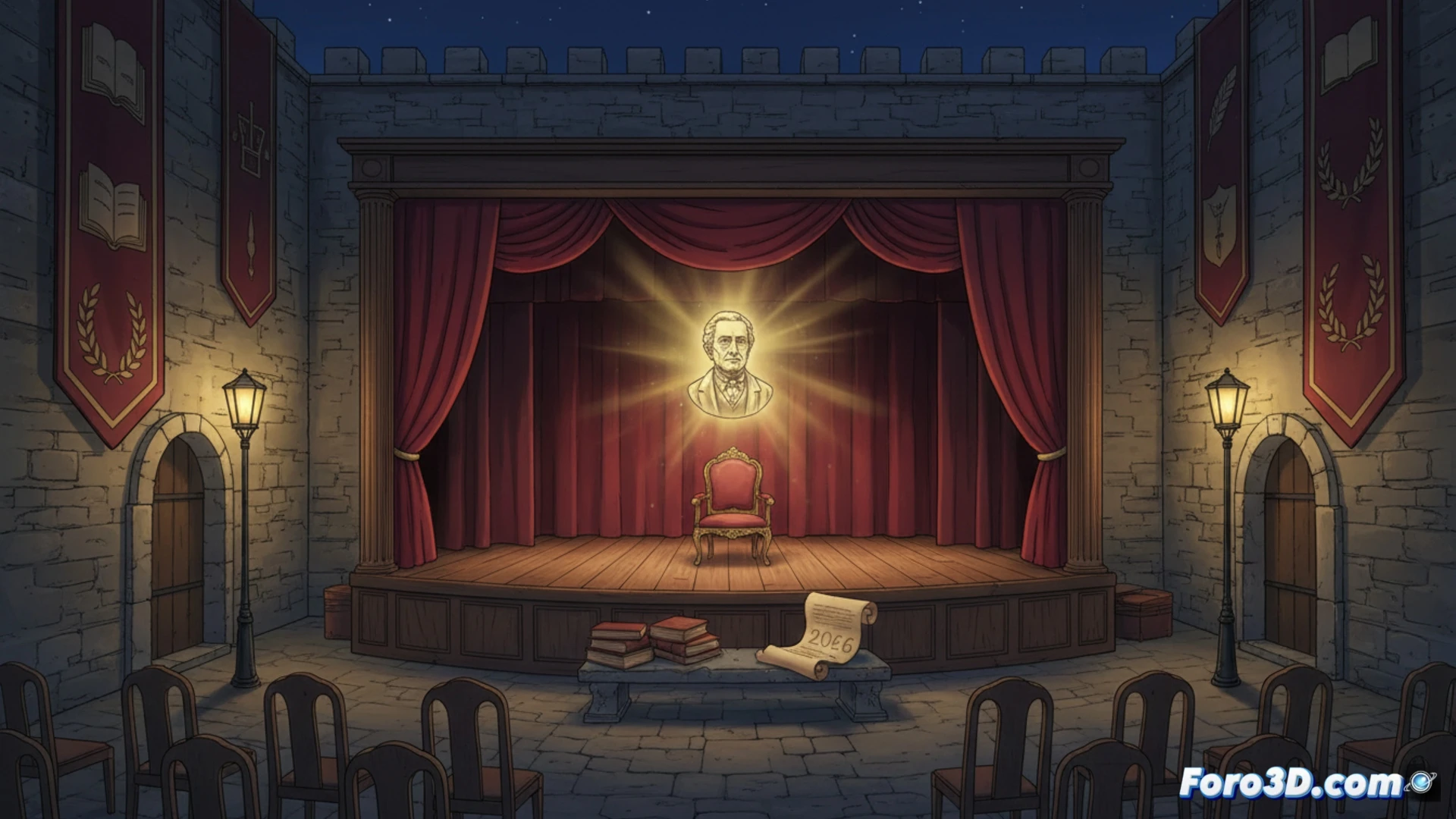 Un escenario al aire libre en Aldea del Rey con un cartel del Festival de Almagro 2026 y un retrato de Ángel Valbuena Sánchez.