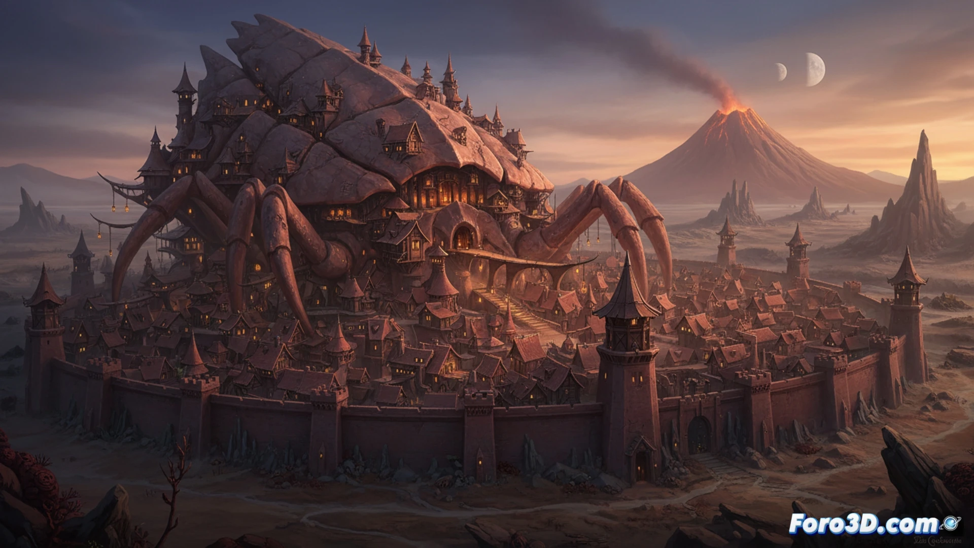 Enorme caparazón de cangrejo gigante domina Ald´ruhn con texturas hiperrealistas en Unreal Engine 5, iluminación dramática y vegetación alienígena.