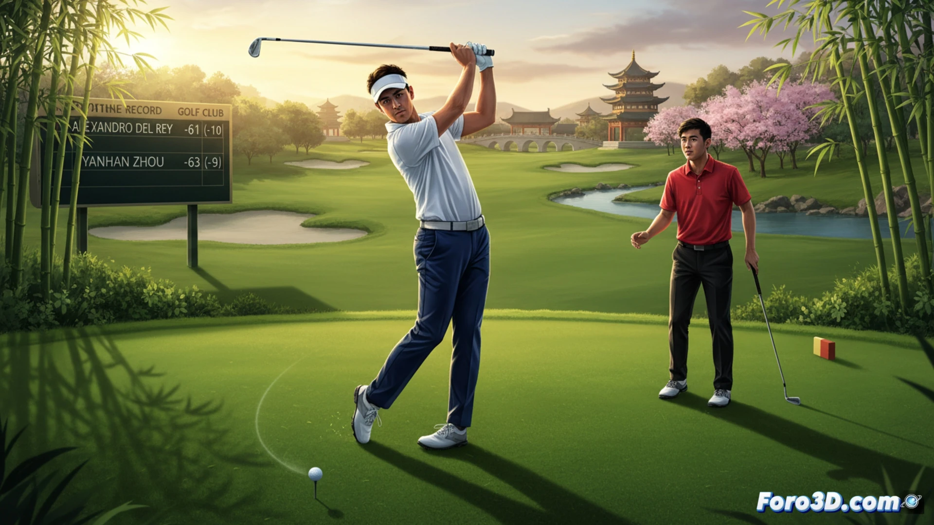 Alejandro del Rey celebra su eagle en el hoyo 12 del campo chino, con el marcador de 61 golpes brillando al fondo.