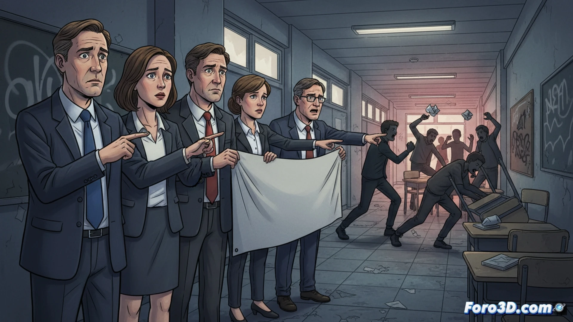 Un profesor de espaldas frente a una pizarra, con sombras amenazantes y palabras ofensivas proyectadas sobre él.