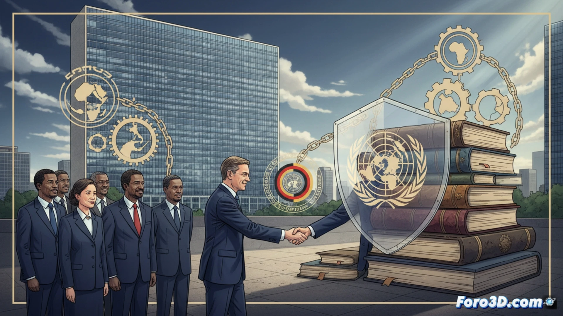 Mapa mundial con rutas de suministro y bandera alemana en la ONU, simbolizando diplomacia y comercio global.