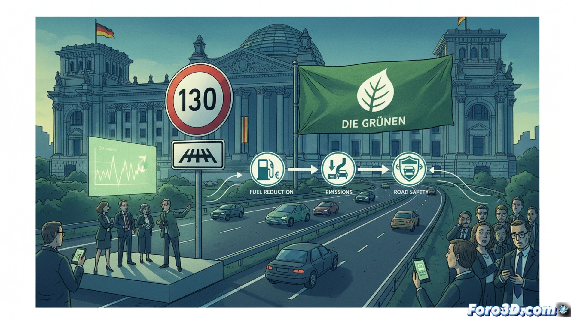 Autopista alemana con señal de 130 km/h, coches reduciendo velocidad en un paisaje verde.