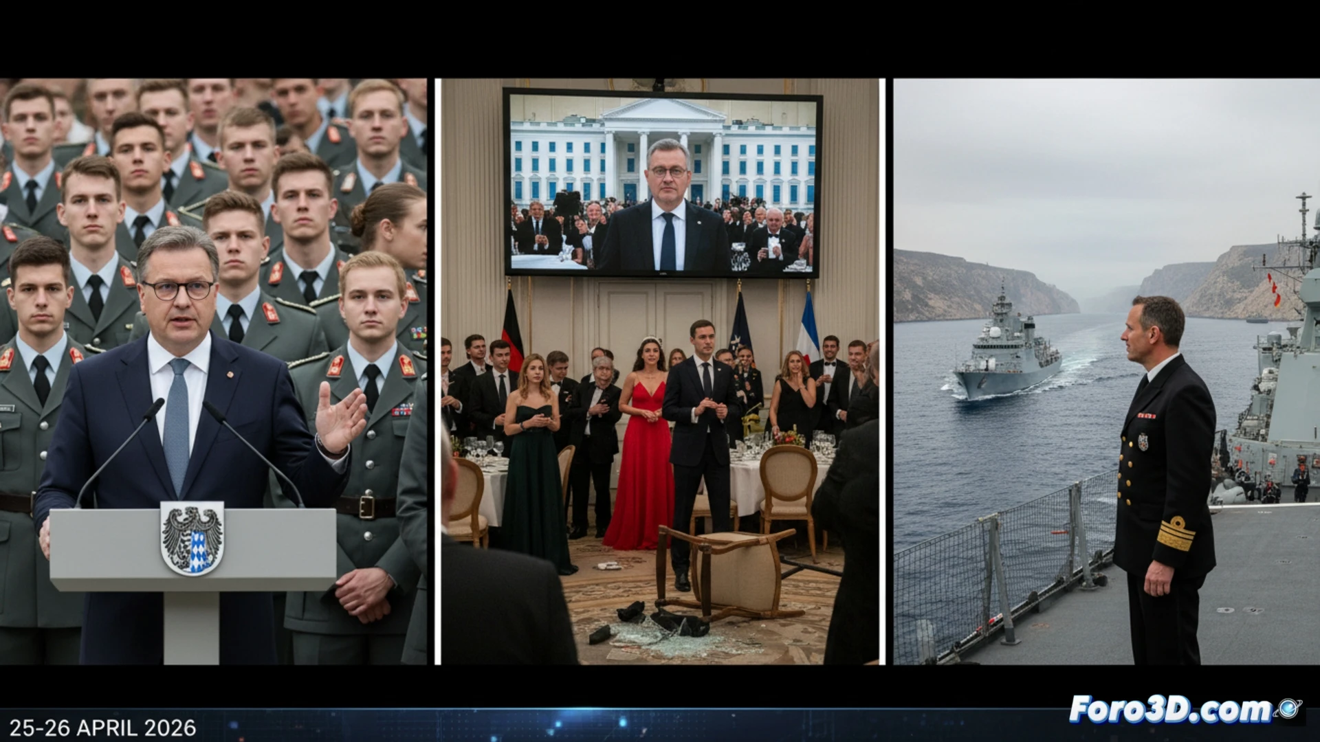 Un mapa de Alemania con un soldado, la Casa Blanca con destellos de disparo y un barco militar en el Mediterráneo.