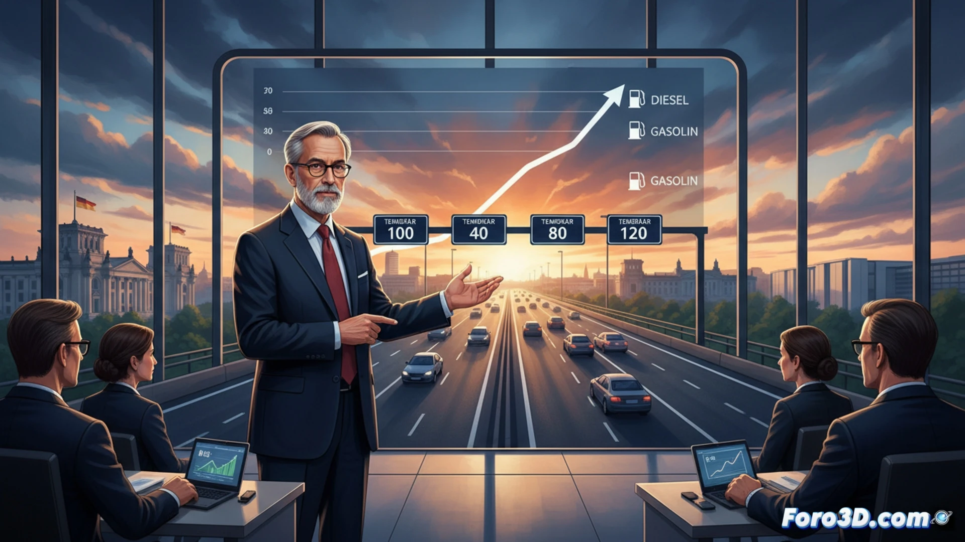 Autopista alemana con cartel de límite de velocidad 130 km/h. Coches reduciendo velocidad ante gasolinera con precios récord en el fondo.