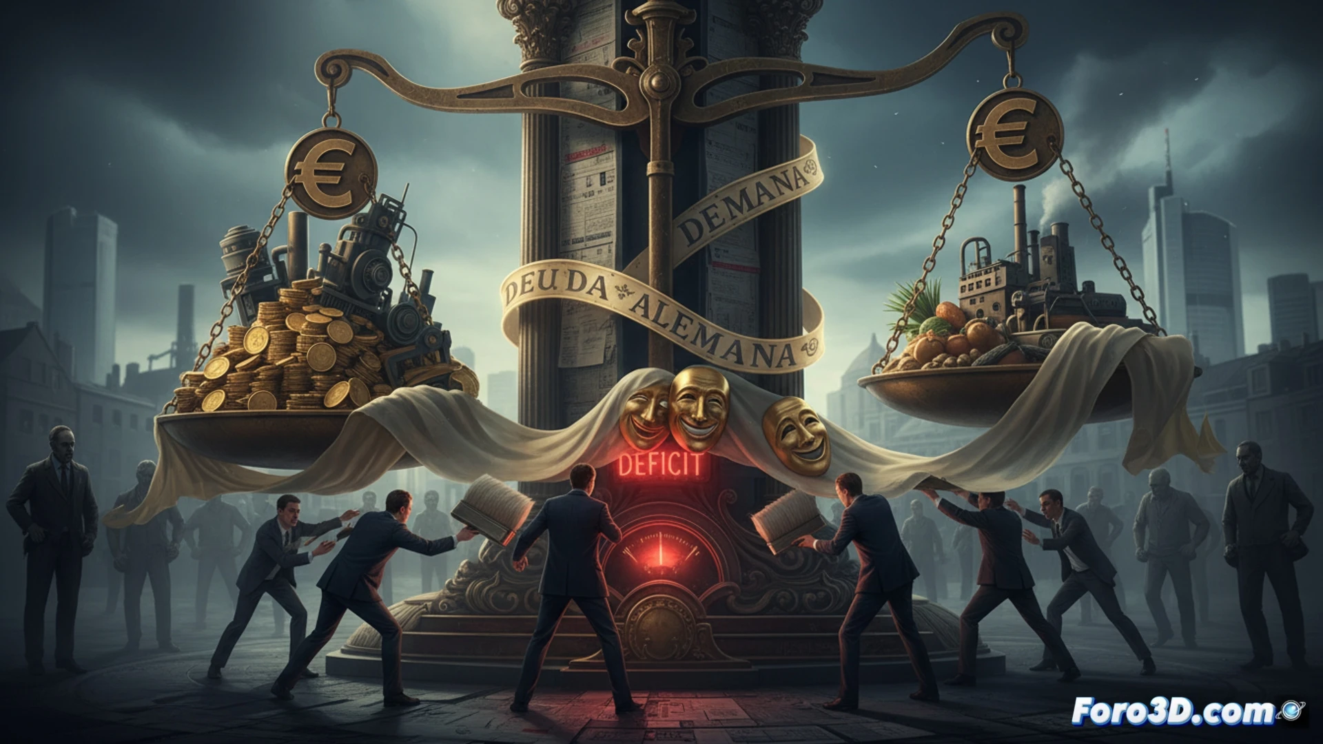 Una locomotora oxidada con números rojos ocultos bajo brochazos de pintura fresca, mientras la deuda crece como humo negro.