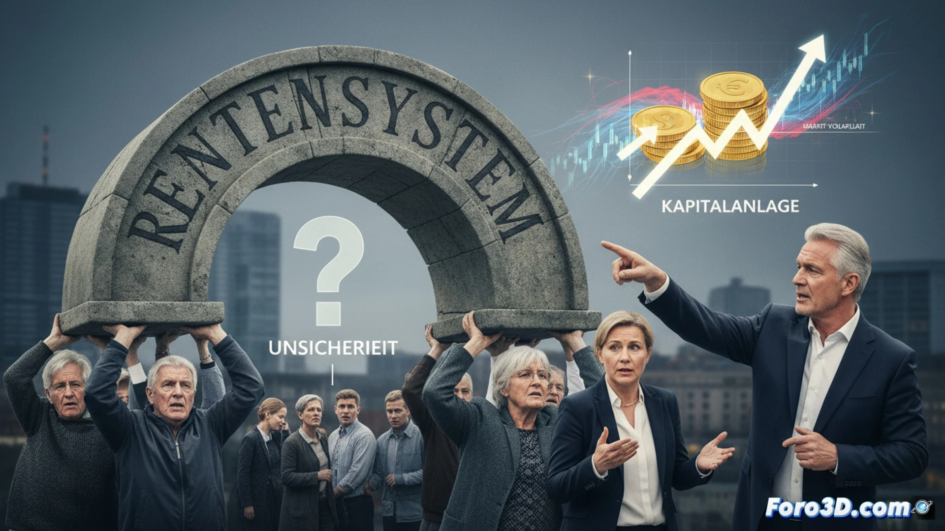 Canciller Merz señala gráfico bursátil, fondo de pensiones y reloj de arena, mientras ministra Bas muestra escepticismo.