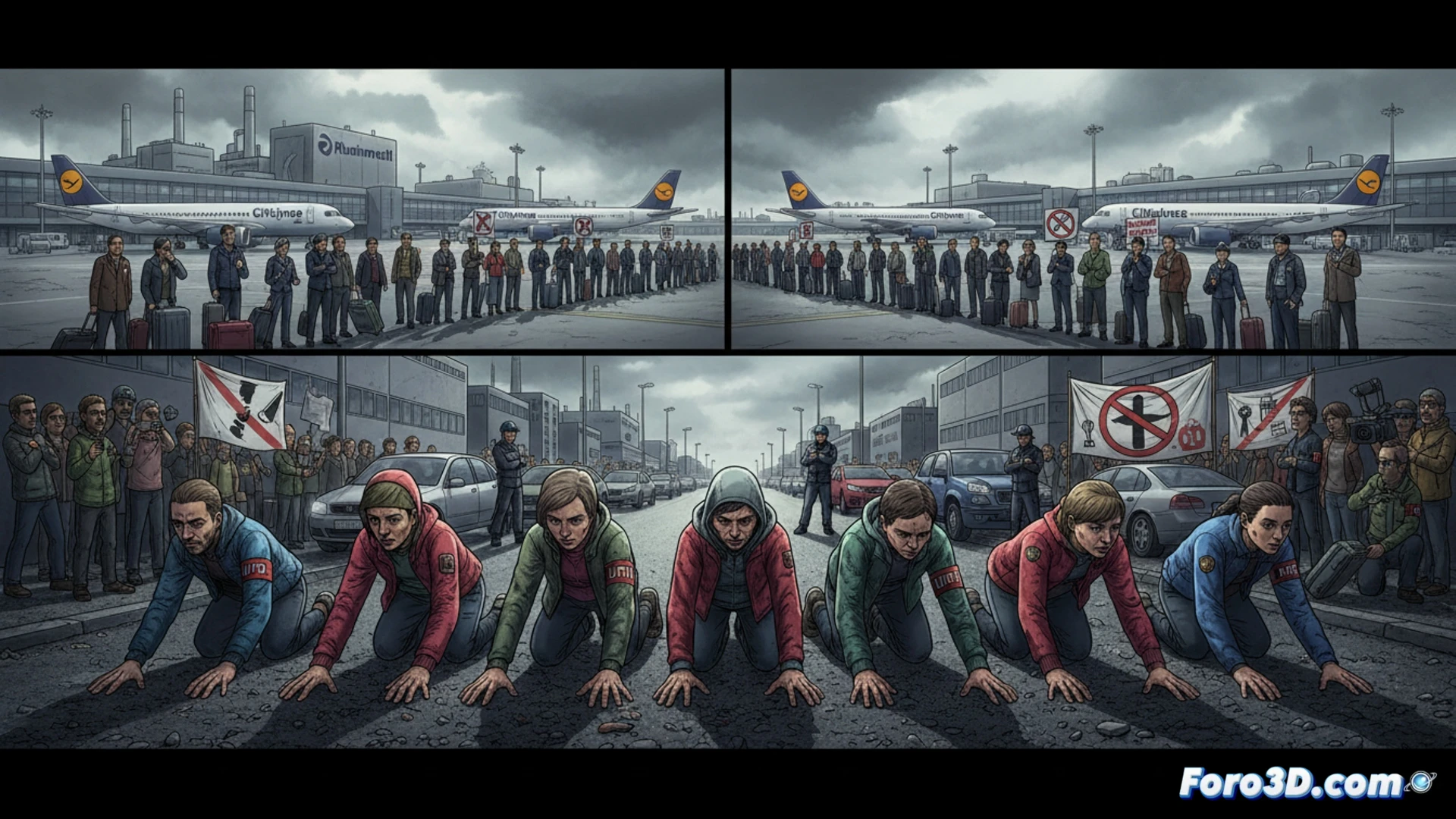 Una protestante adherida al asfalto bloquea una fábrica de armas, mientras un aeropuerto vacío refleja la huelga aérea.