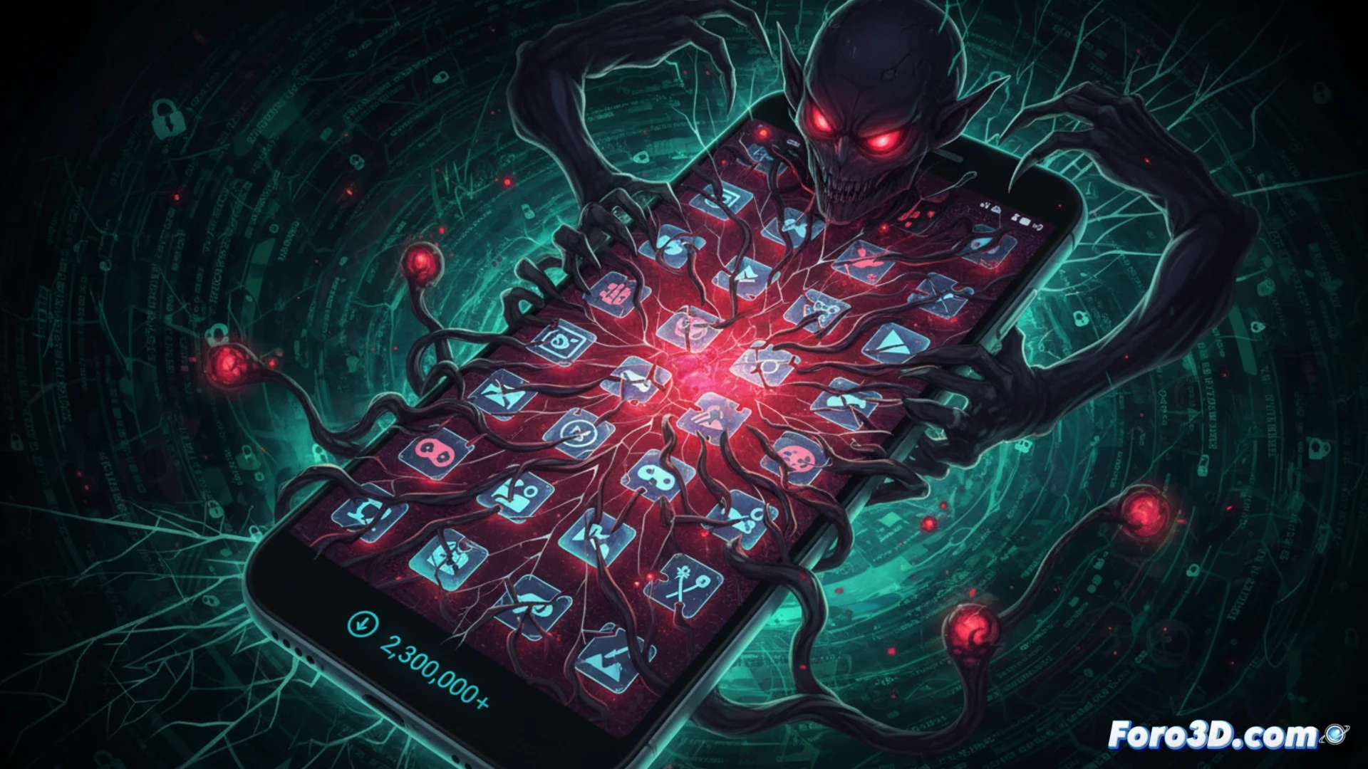 Un teléfono Android con pantalla rota y un mensaje de alerta roja sobre un fondo de apps sospechosas con iconos de virus ocultos entre galerías y juegos.