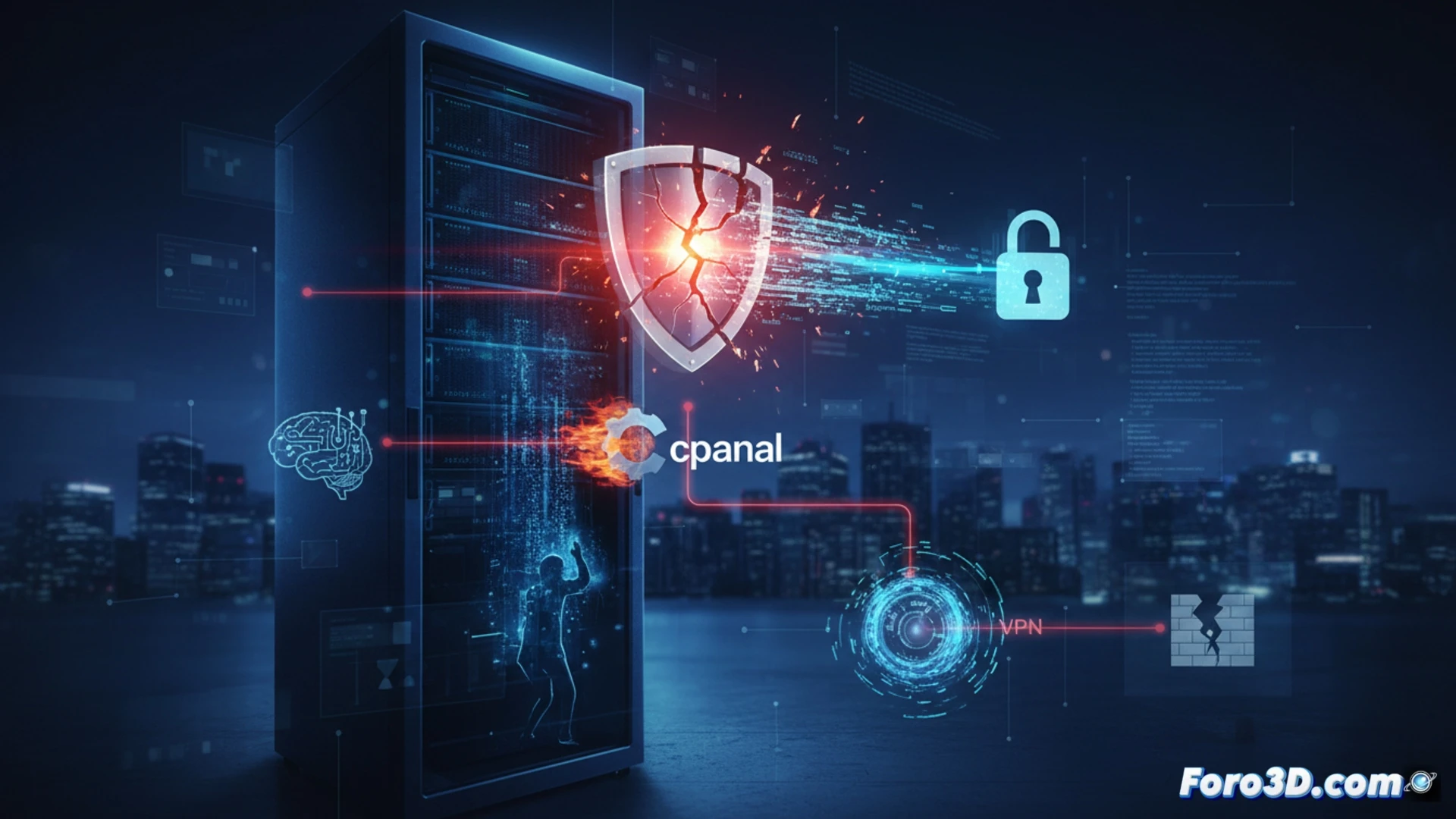 Ventana de terminal con líneas de código rojo sobre fondo negro, alerta de parche urgente y un escudo partido con IA al fondo.