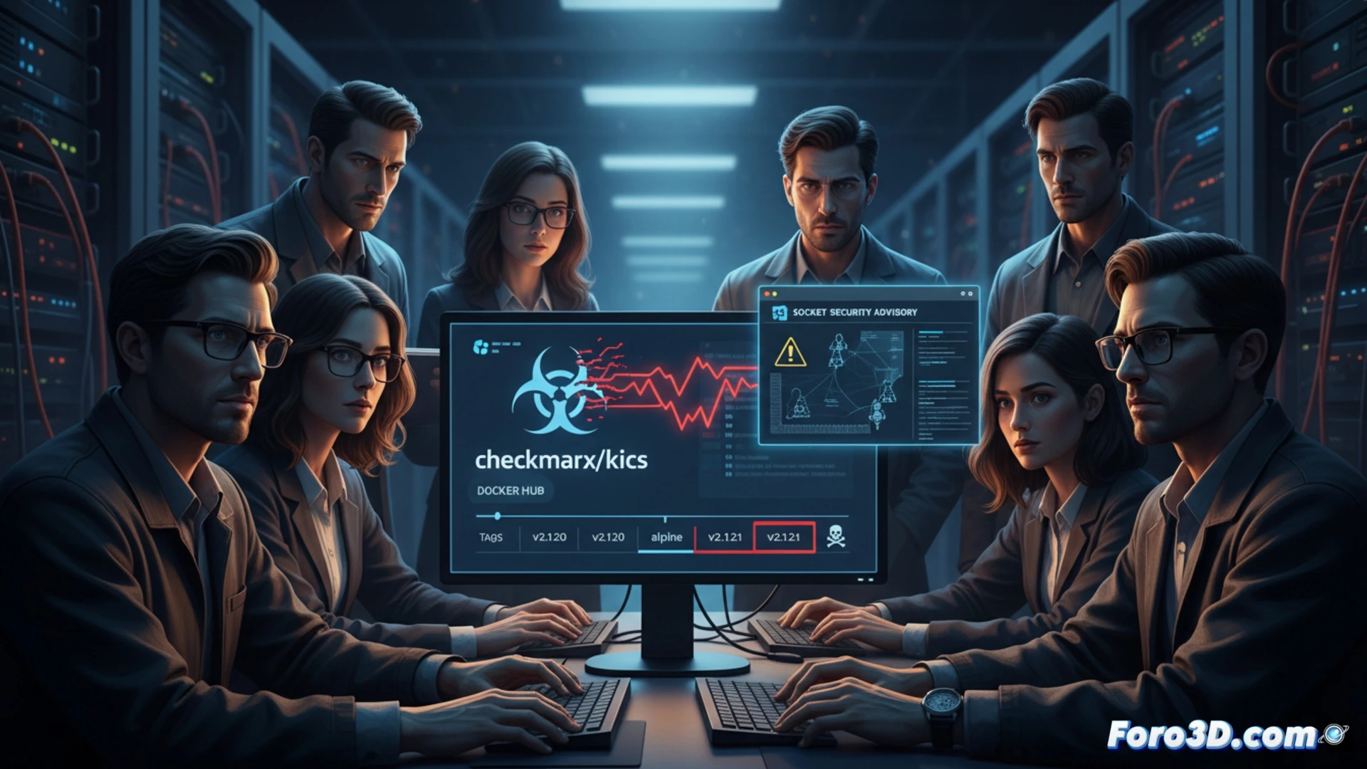 Una terminal de código muestra alertas rojas junto al logo de Docker Hub; una imagen de contenedor etiquetada como v2.1.21 tiene un icono de peligro y engranajes rotos.