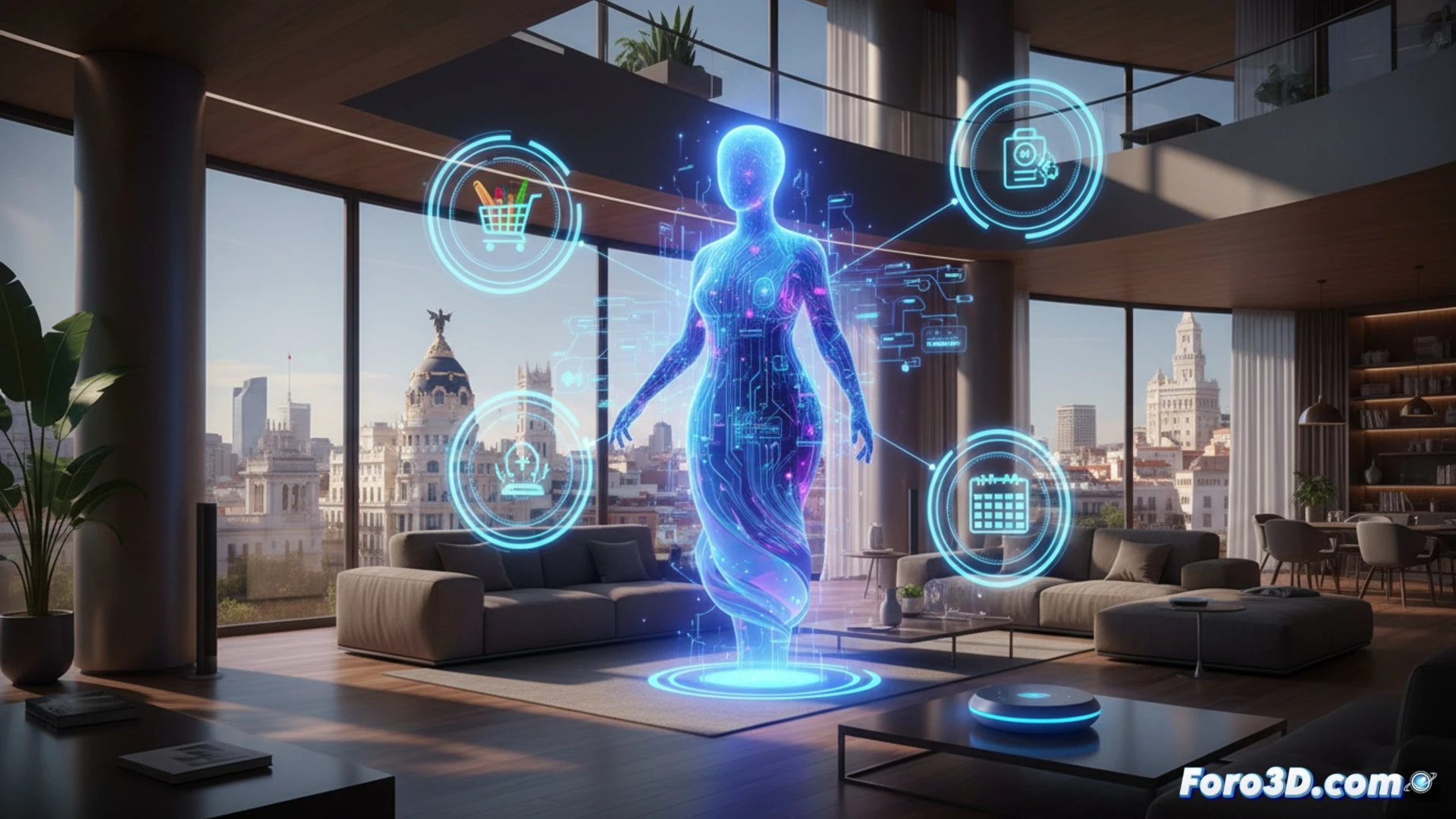 Una pantalla Echo Show muestra a Alexa+ con IA generativa, gestionando tareas domésticas y suscripciones Prime.