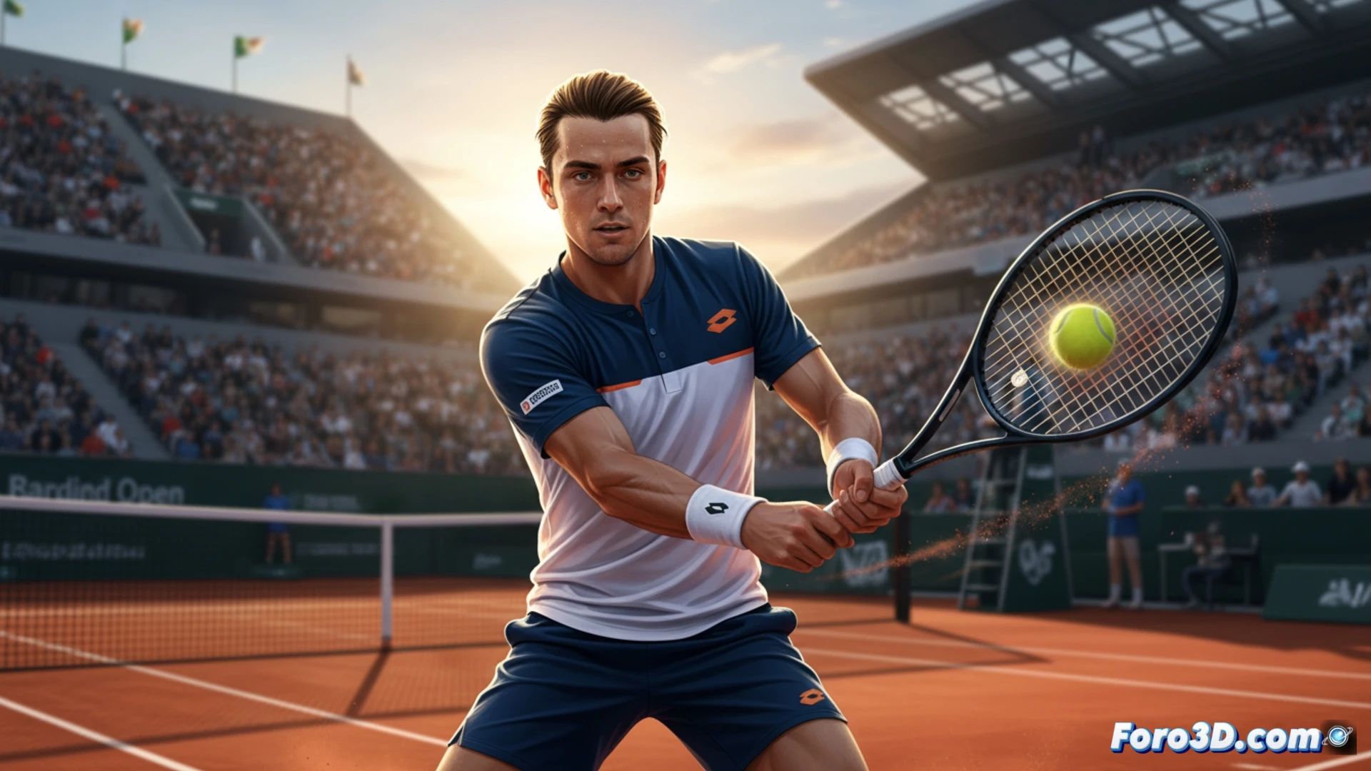 Alexander Blockx, de 19 años, golpea un potente saque en la arcilla del Mutua Madrid Open, con el público al fondo y su mirada concentrada.