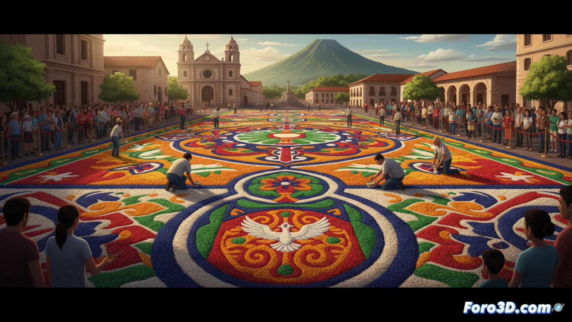 Alfombra monumental de sal coloreada con símbolos religiosos y geométricos, creada por artistas y voluntarios para la Semana Santa.