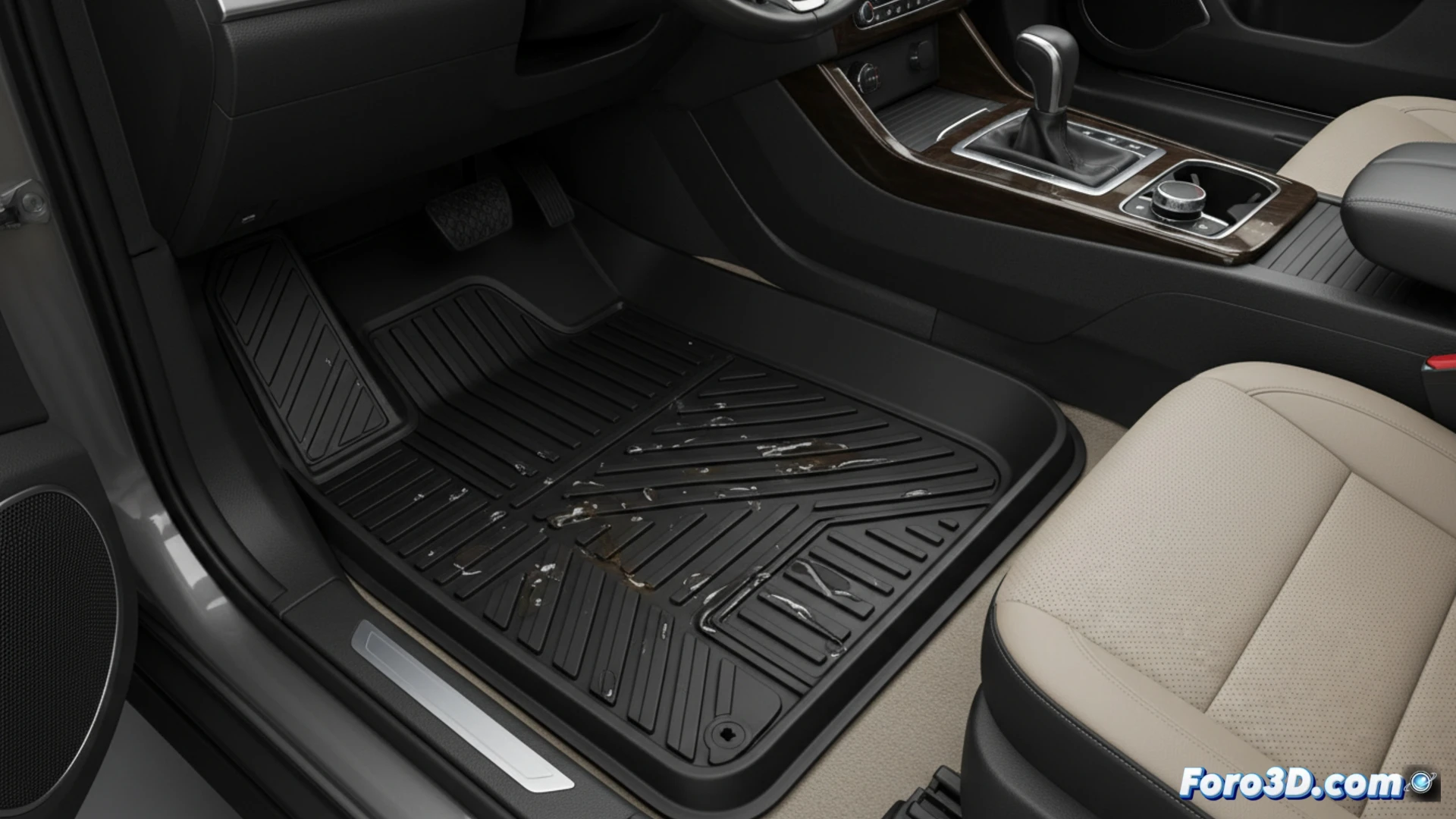 Alfombrillas de goma 3D personalizadas para el suelo de un automóvil, mostrando su ajuste perfecto y diseño.