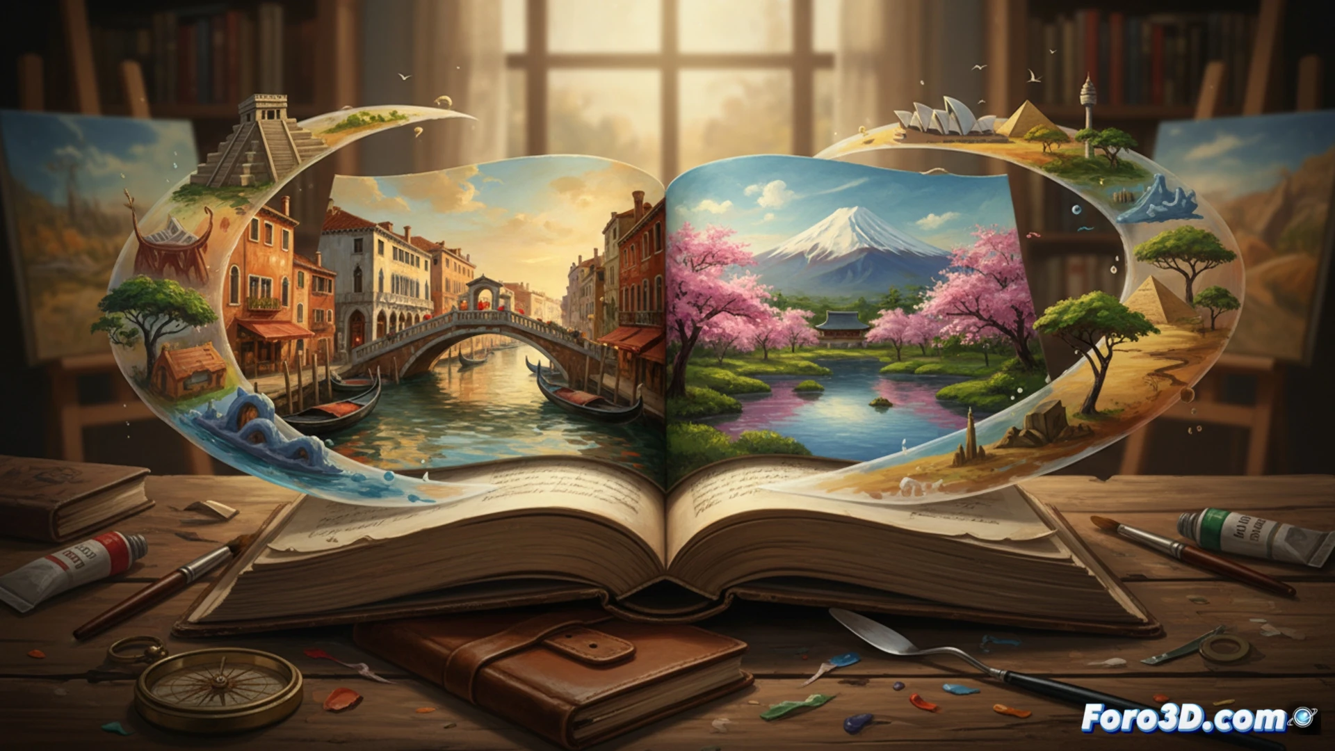 Una pintora con pincel y pluma ante un mapa del mundo, rodeada de óleos y versos que brotan de Italia al Congo.