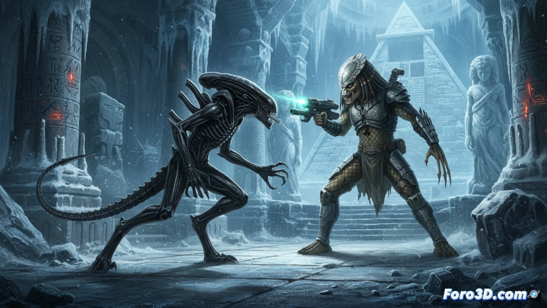 Una nave nodriza Predator sobre una pirámide subterránea, con Xenomorfos emergiendo de las sombras.