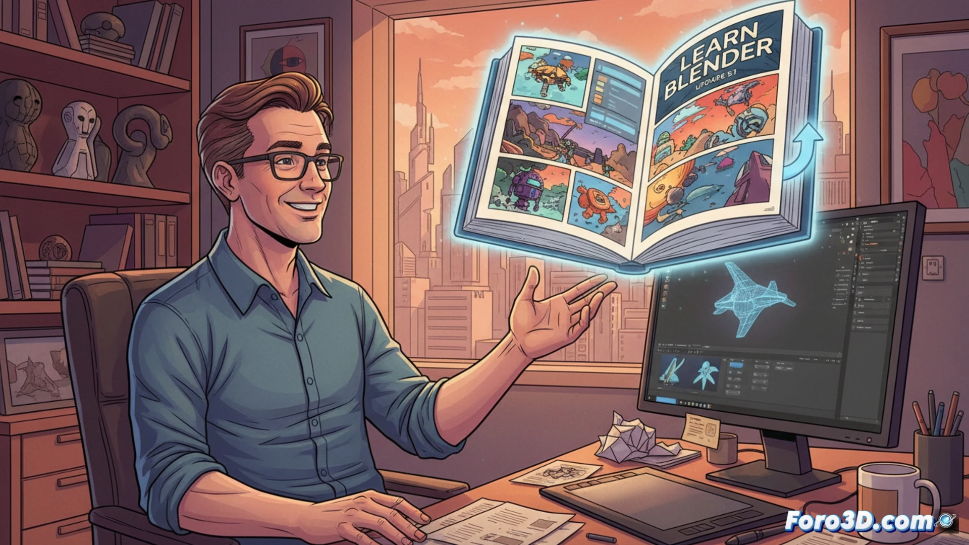 Un libro abierto muestra la interfaz de Blender 5.1 con viñetas estilo cómic y flechas que guían clics, rodeado de herramientas 3D y un render final.