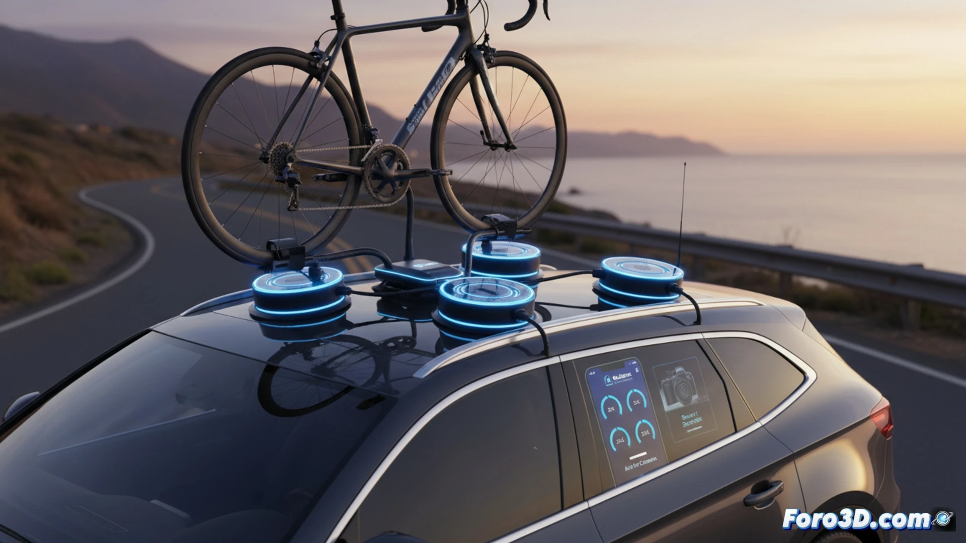 Portabicicletas fijado al coche con ventosas. Pantalla digital y Bluetooth monitorizan la succión para mayor seguridad durante el viaje.