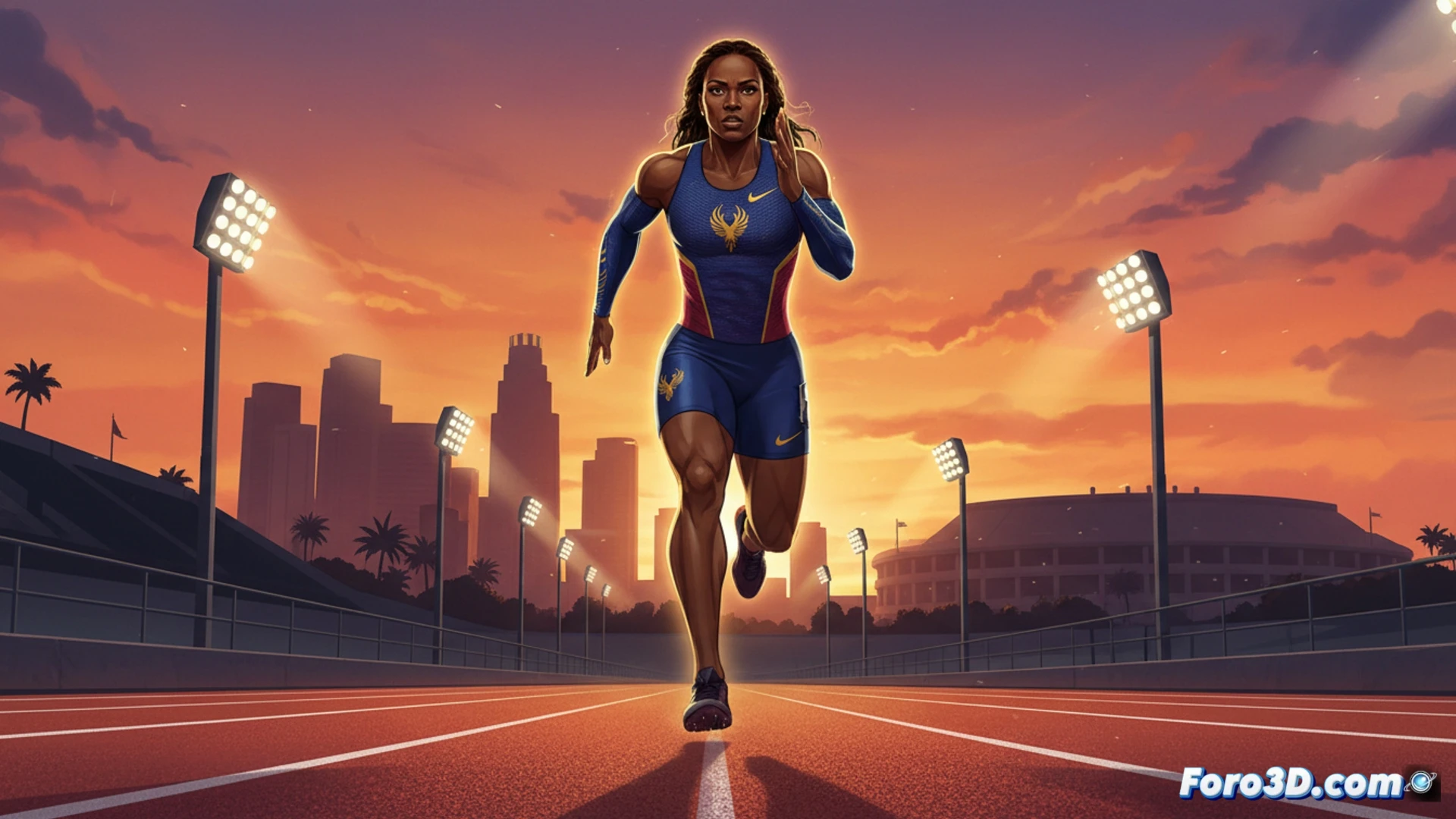 Allyson Felix, de 40 años, corre en una pista bajo el arco de LA 2028, desafiando expectativas sobre edad y rendimiento femenino.