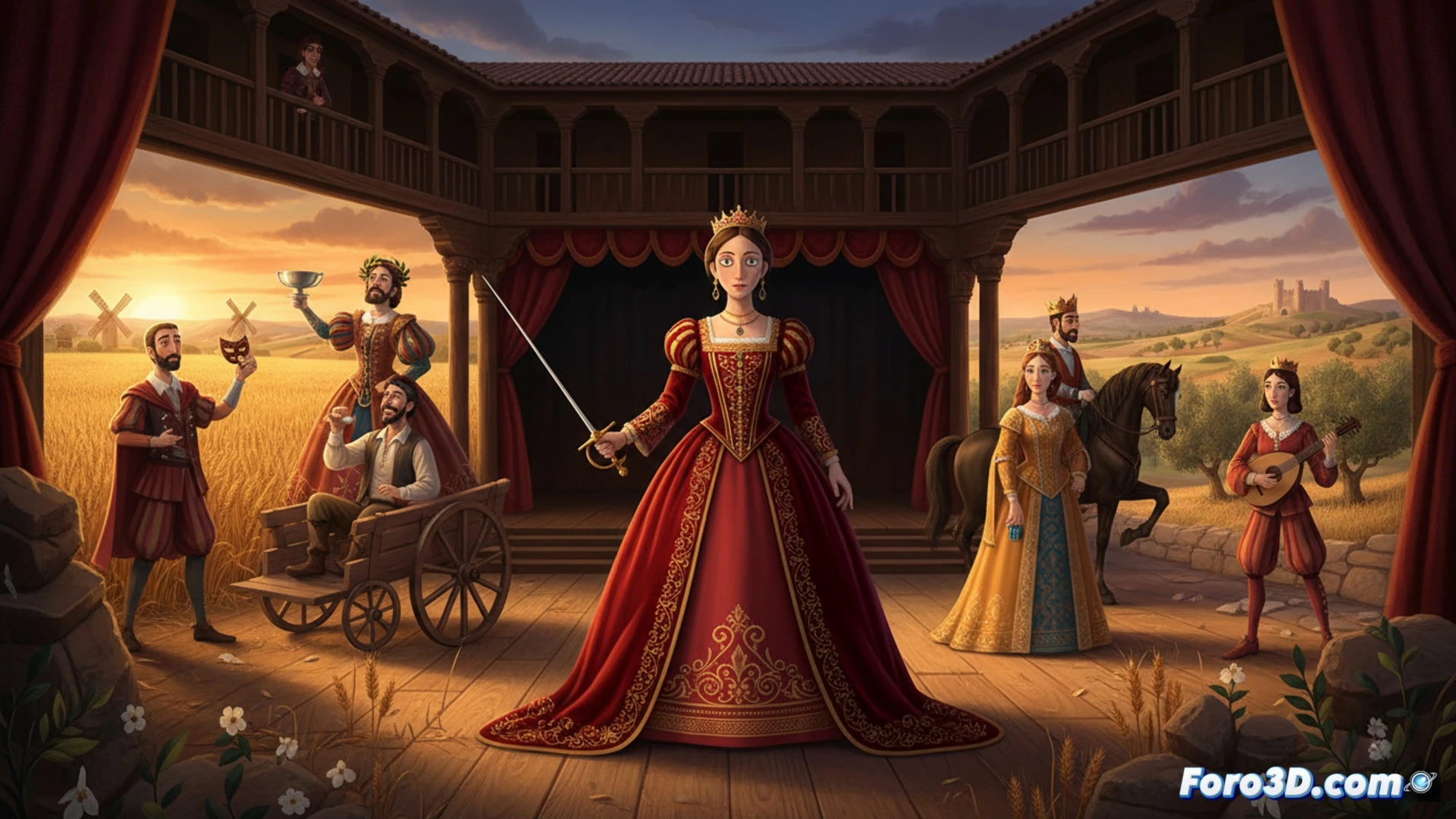 Un escenario rural bajo un cielo estrellado, con siete naipes gigantes como personajes danzando entre el público.