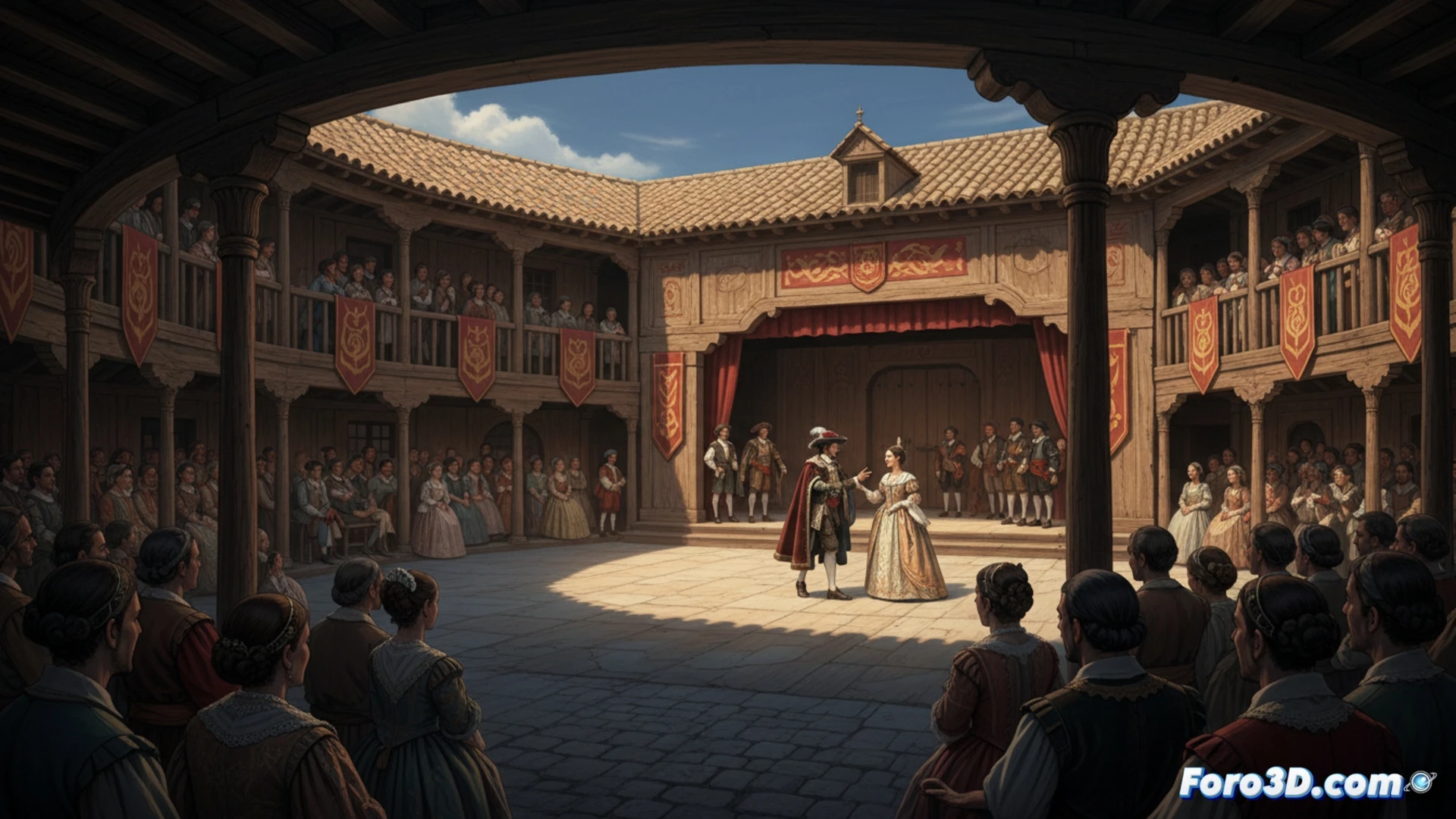 Fachada del Corral de Comedias de Almagro, con cartel del certamen Luis Molina 2026 y actores amateurs en escena.