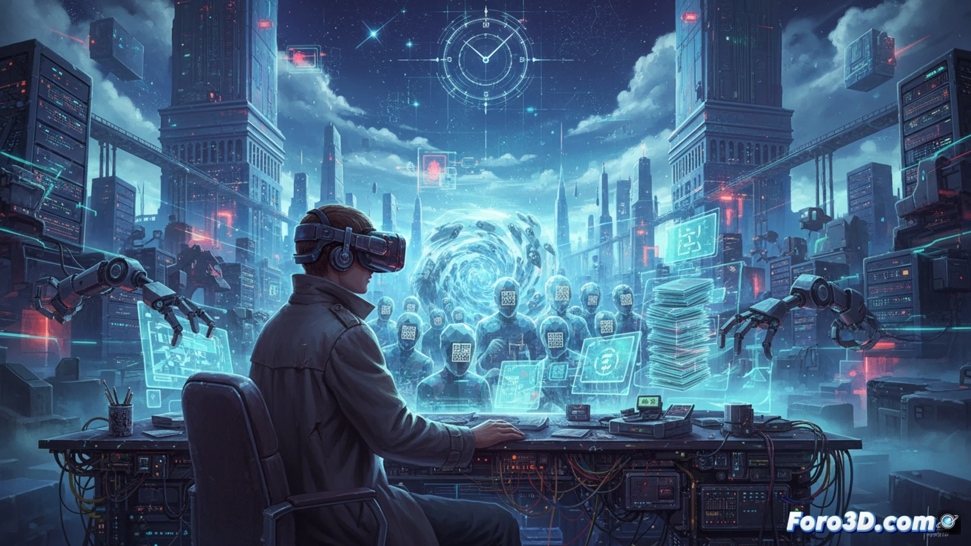 Un avatar burocrático en un mundo virtual surrealista, revisando documentos flotantes con expresion vacia.