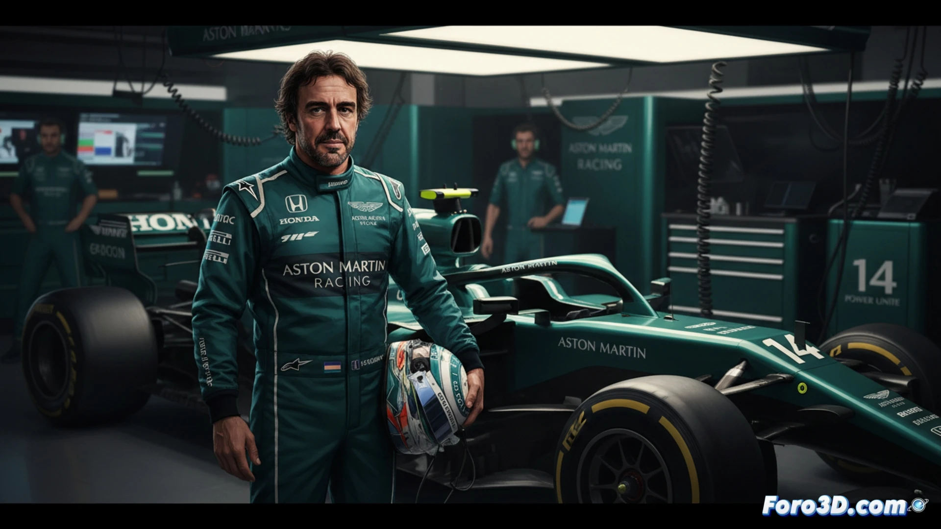 Fernando Alonso, concentrado en el Aston Martin, con mirada determinada que refleja su experiencia y paciencia para esperar la mejora del equipo.
