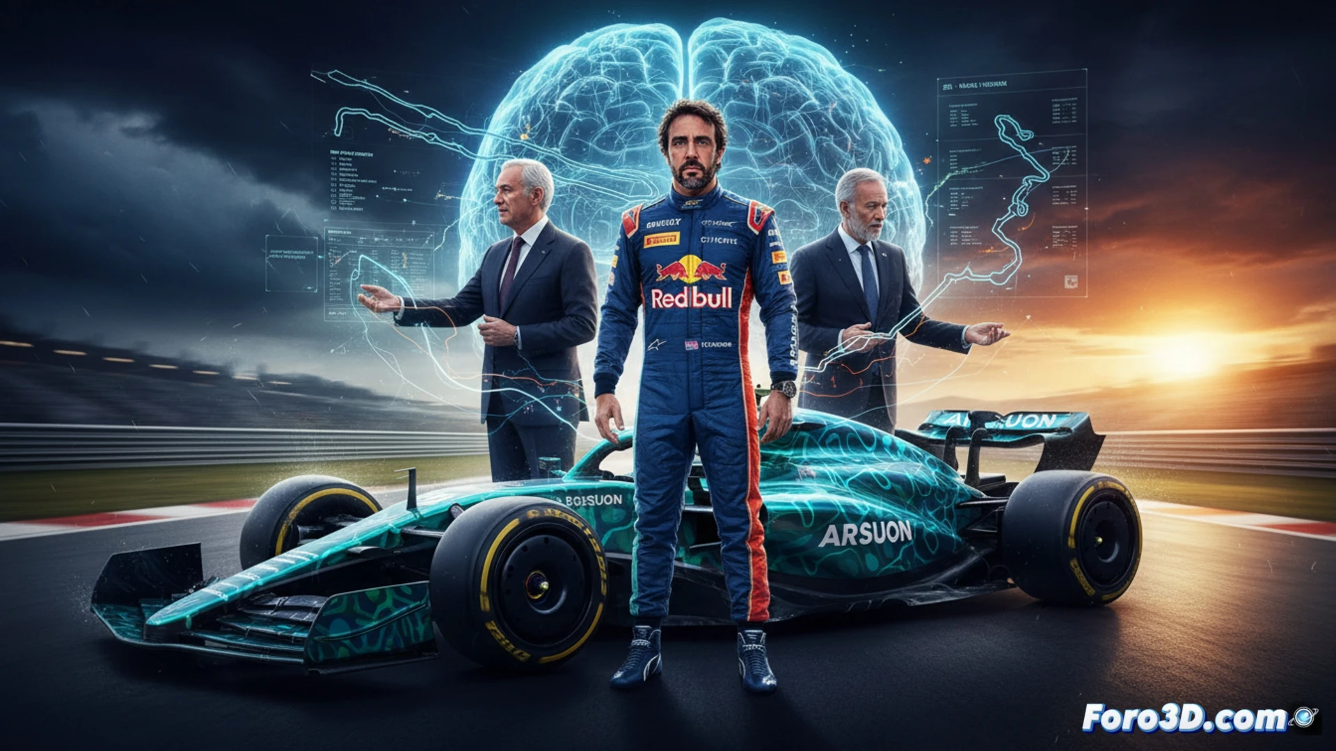 Modelo 3D de un monoplaza con superposición de datos de telemetría y trayectorias de Alonso en diferentes circuitos.
