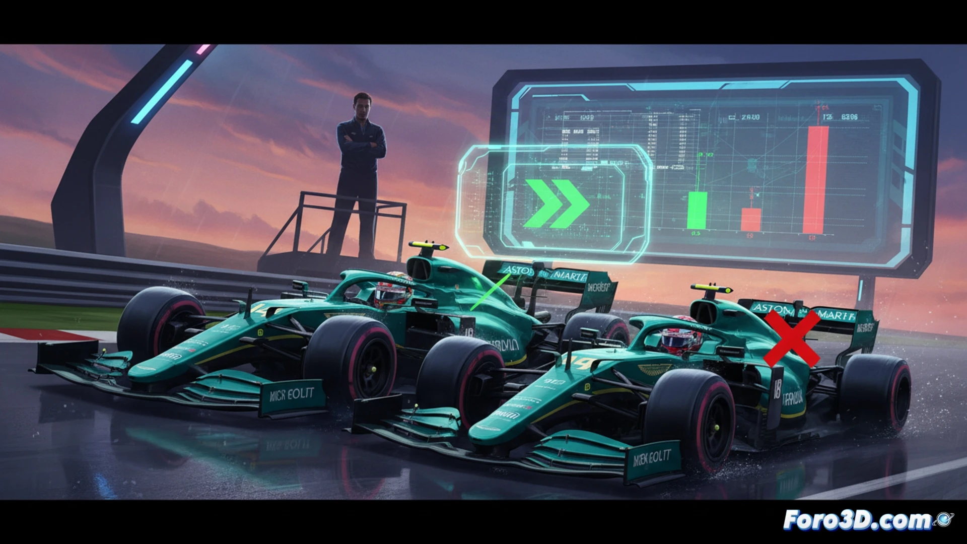 Fernando Alonso en mono Aston Martin, superando a Lance Stroll en boxes bajo la atenta mirada de Szafnauer.