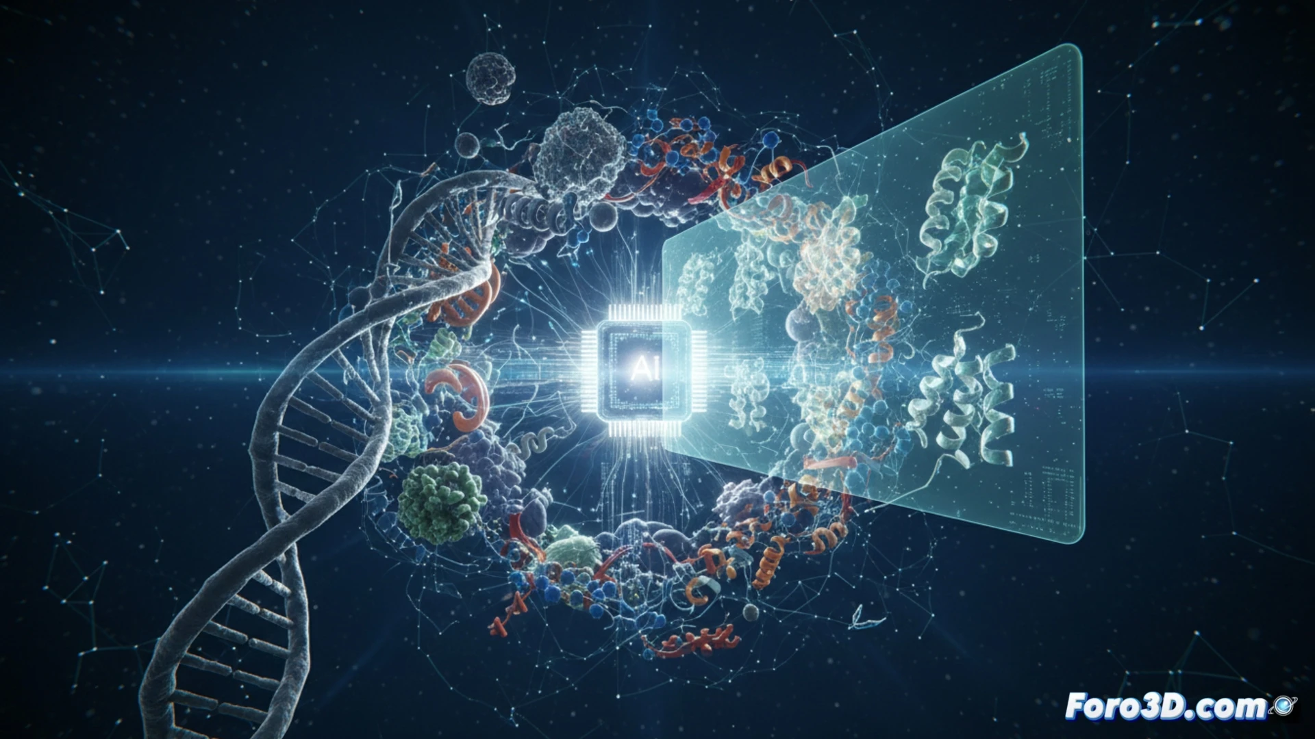 Modelo 3D atómico generado por IA mostrando una proteína interactuando con una molécula de ADN y un fármaco.
