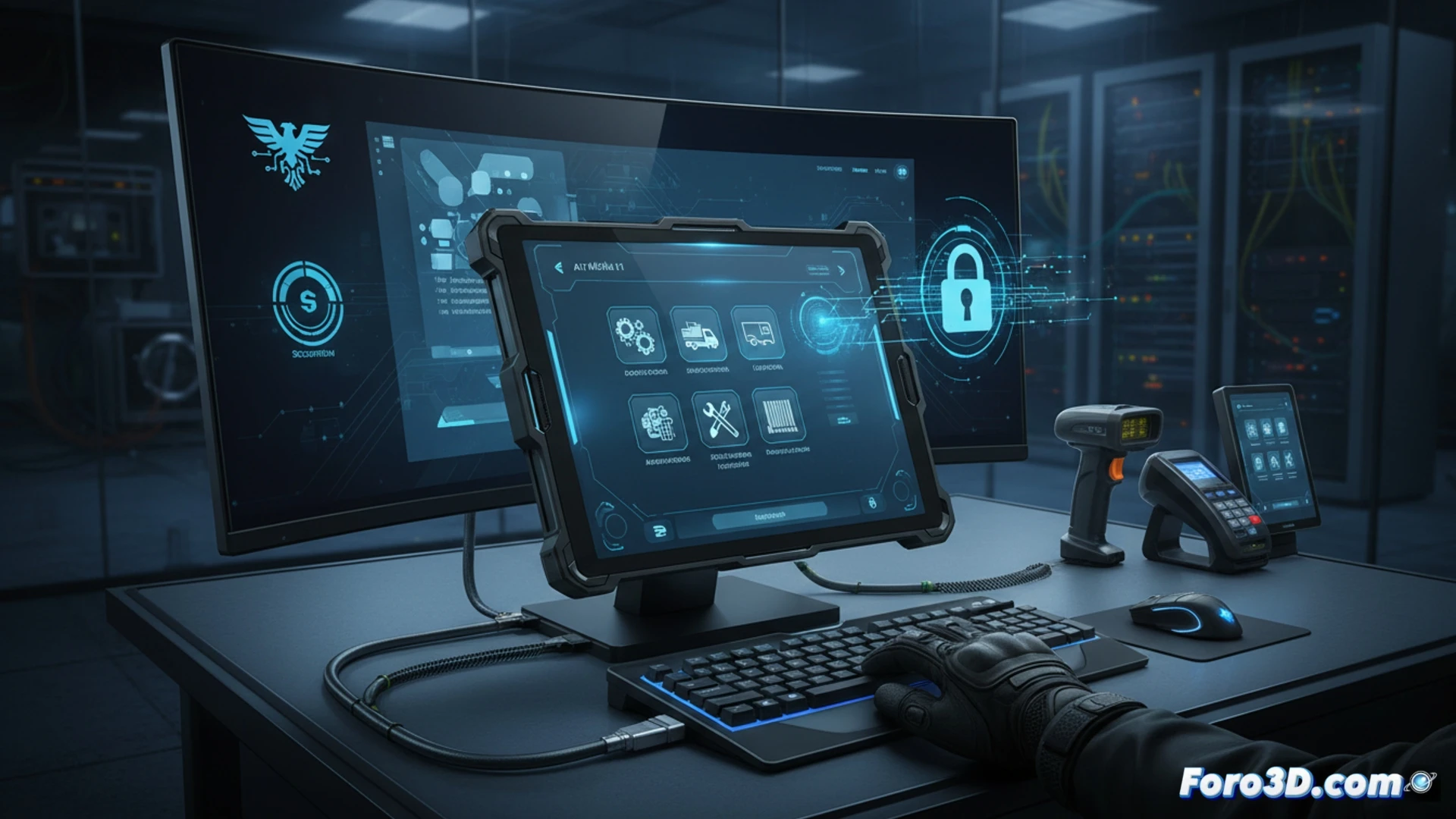 Un tablet industrial muestra el escritorio de Alt Móvil 11, con interfaz limpia y aplicaciones de seguridad y gestión empresarial, sobre un fondo de oficina moderna.