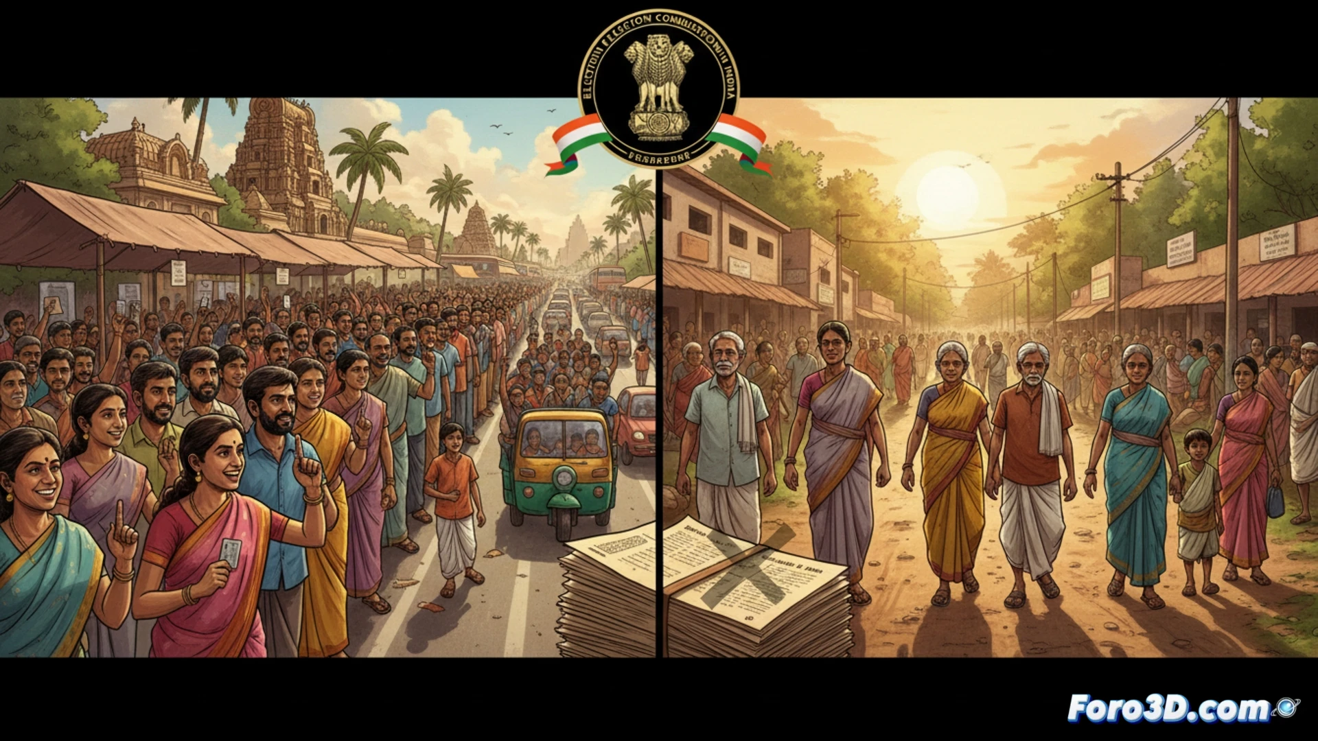 Votantes en filas largas bajo el sol en Tamil Nadu y Bengala Occidental, con urnas y banderas visibles.