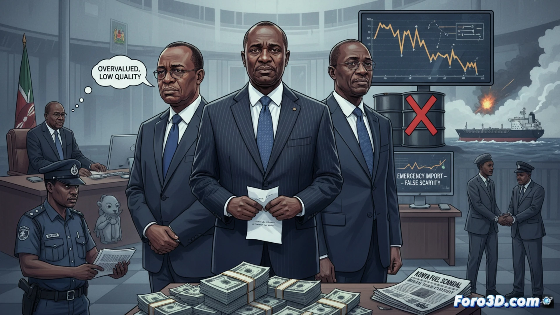 Tres ejecutivos keniatas dimiten en una oficina, con gráficos de reservas manipulados en pantallas y documentos oficiales desordenados.