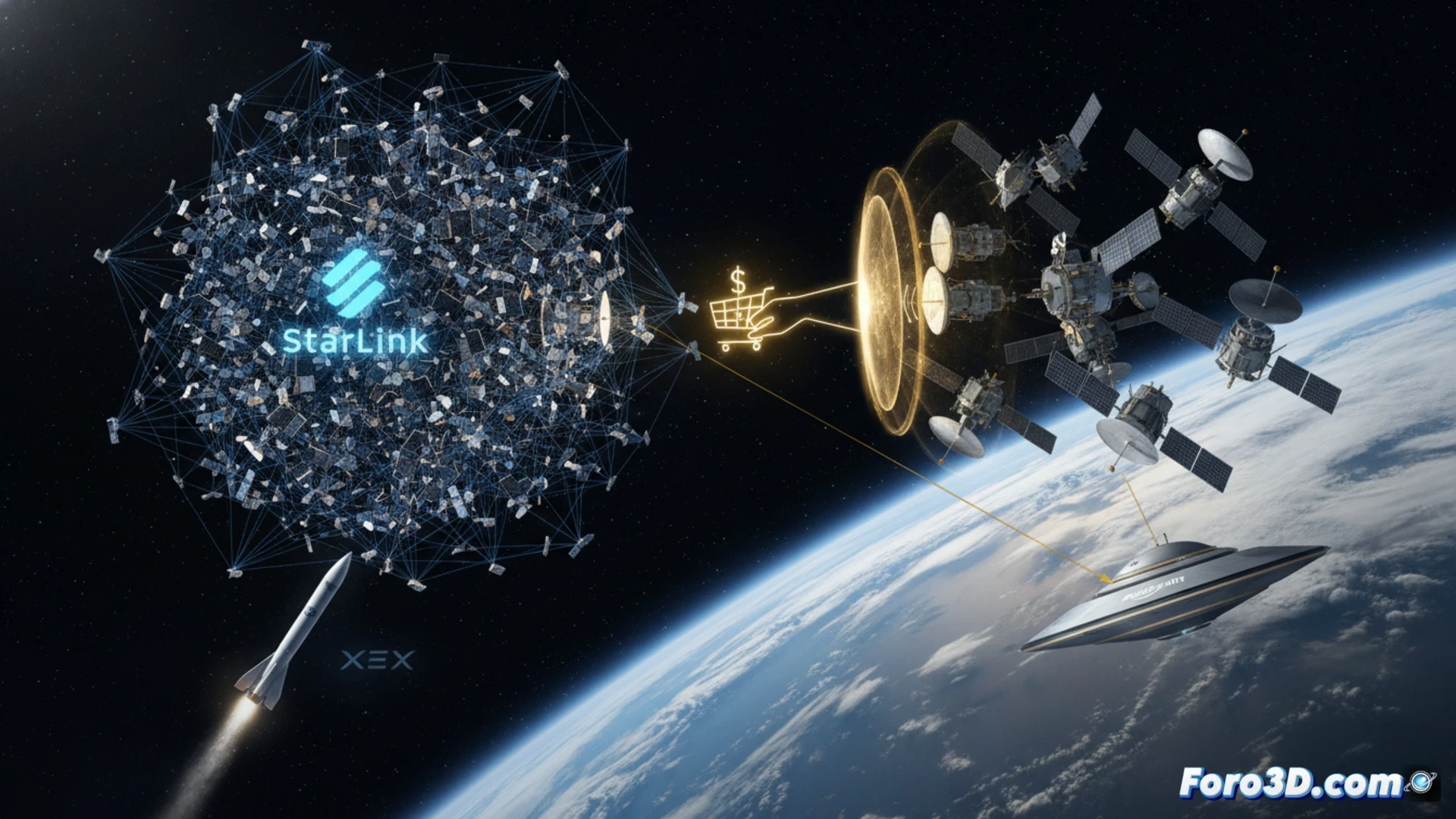 Una constelación de satélites sobre la Tierra, con el logo de Amazon y ondas de espectro radioeléctrico destacadas.