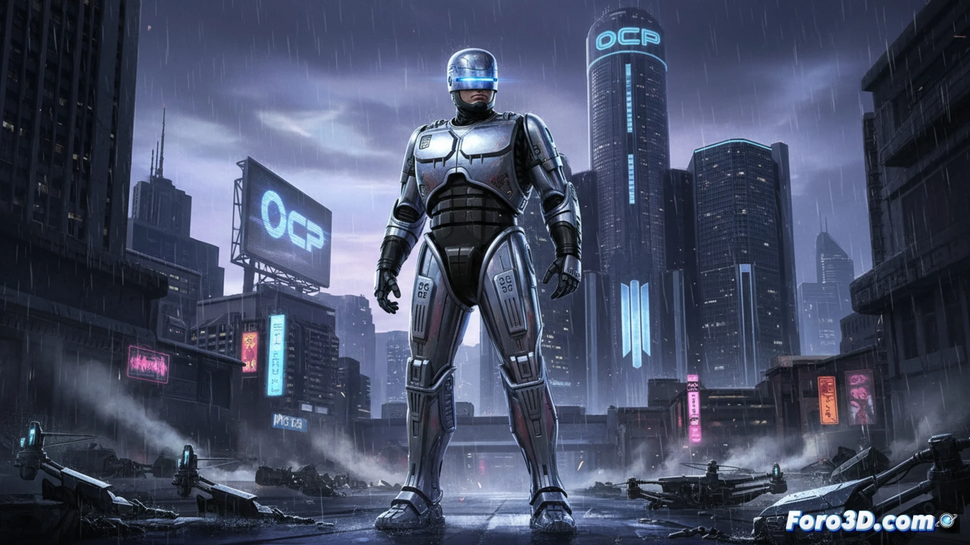 Una versión moderna del icónico RoboCop, en un entorno urbano futurista y distópico, listo para su serie en Prime Video.