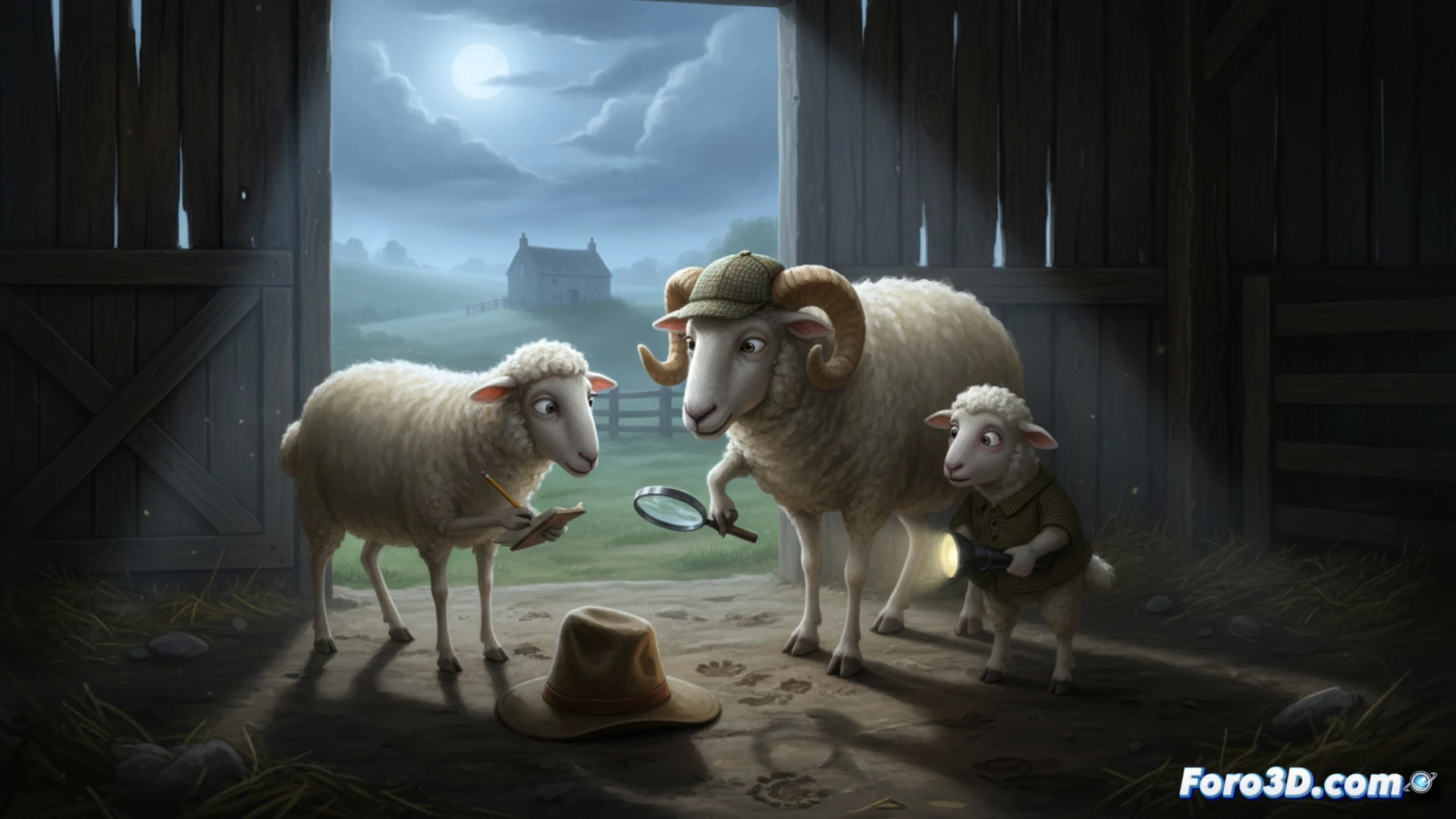 Una oveja con lupa investiga junto al rebaño en un prado, con aire cómico y misterioso.