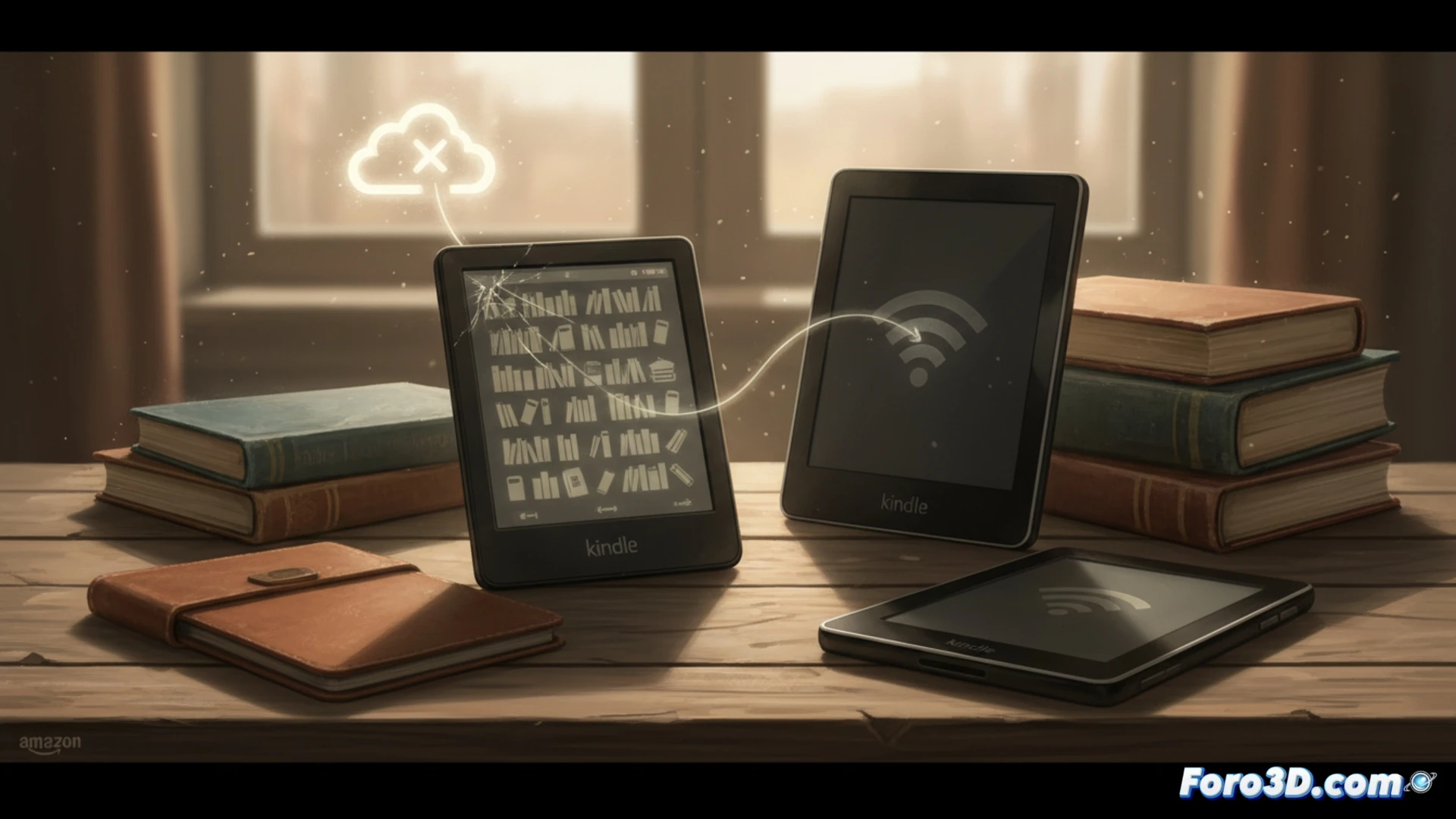 Un Kindle antiguo sobre una pila de libros, con un calendario abierto en mayo de 2026 y un símbolo de desconexión.