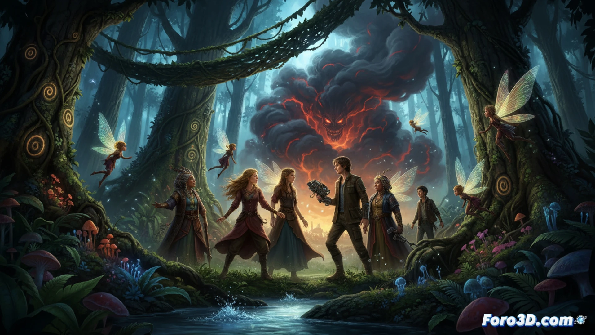 Una directora y un elenco en un set que recrea la selva exuberante de FernGully.